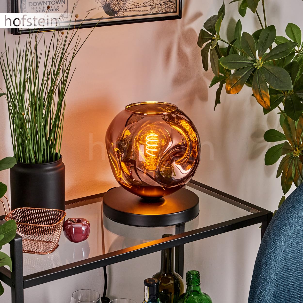 Tischleuchte Apedo, Tischlampe aus Metall/Glas in Schwarz/Kupferfarben, Leuchte im modernen Retro/Vintage-Design mit Schirm aus Glas (Ø 20 cm) u. An/-Auschalter am Kabel, 1 x E27, ohne Leuchtmittel