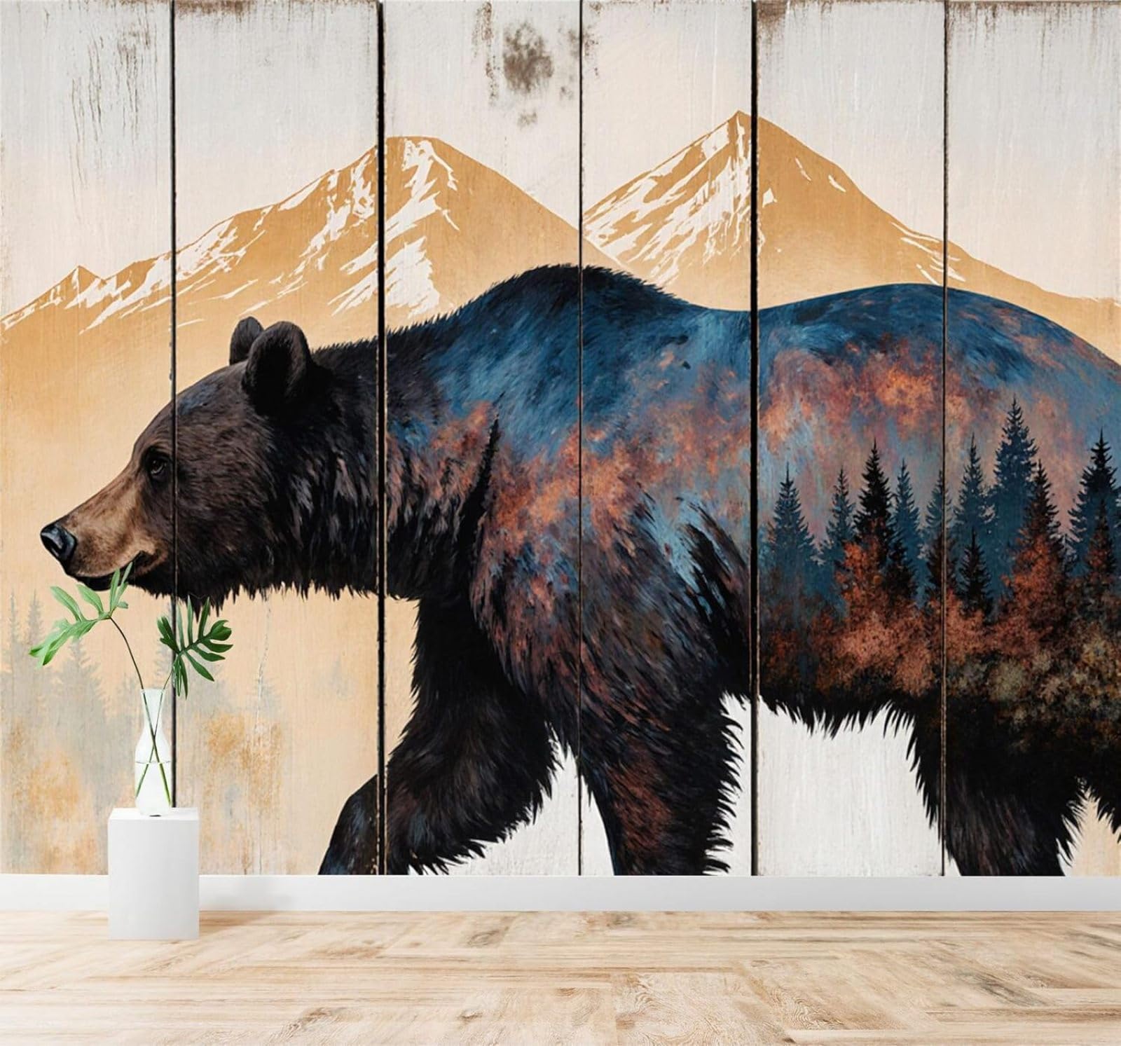 XLMING Forest Bear Mountain Landscape Countryside Nature Art 3D Wallpaper Silky Texture Home Study Office Grey Dining Room Sofa Bedroom Living Room TV Backdrop-430cm×300cm