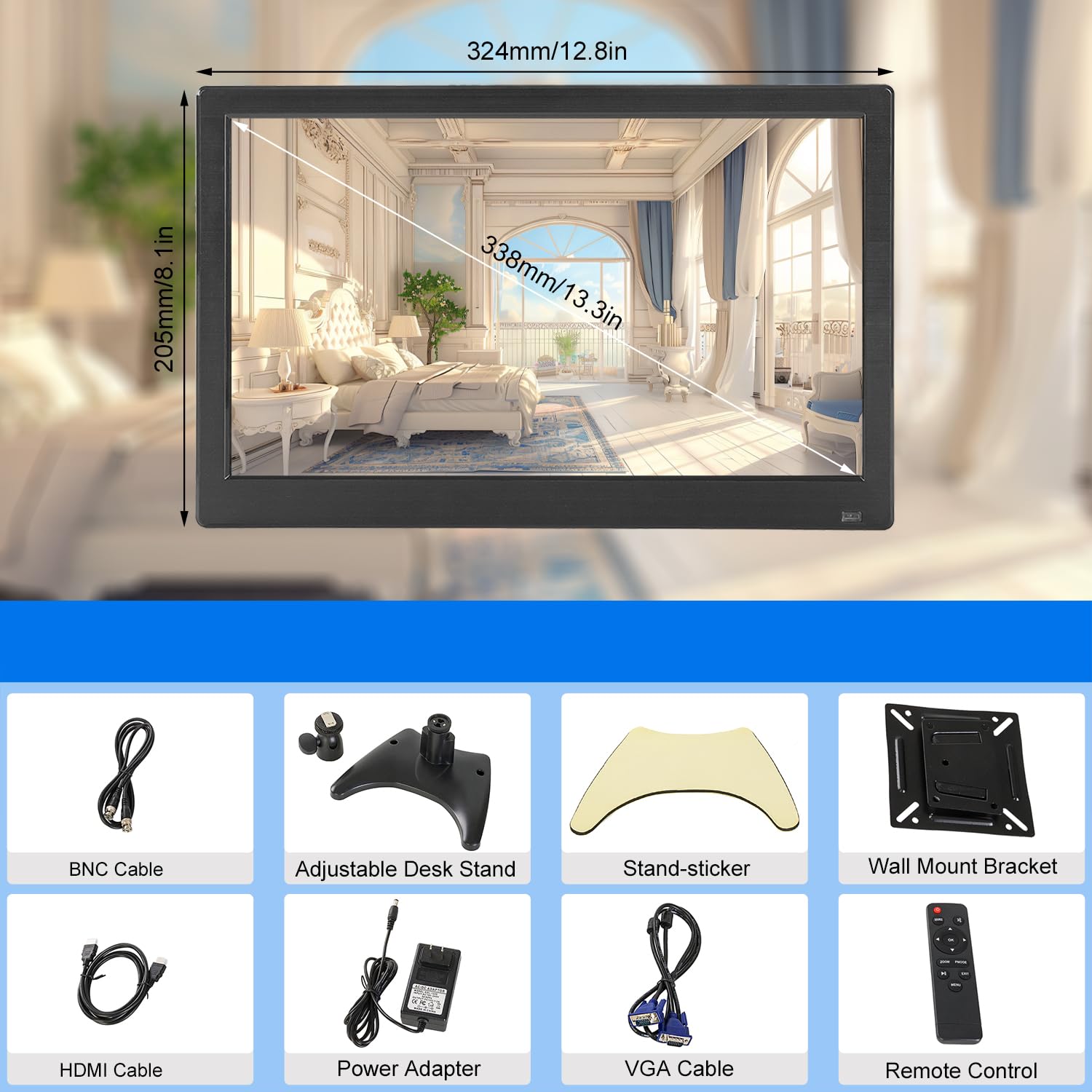 13,3 Zoll FHD Kleiner IPS-Monitor LCD-Bildschirm 1920x1080 60Hz 16:9 mit BNC VGA AV-Eingang Eingebaute Lautsprecher für CCTV-Überwachungskamera DVR PC RasPi