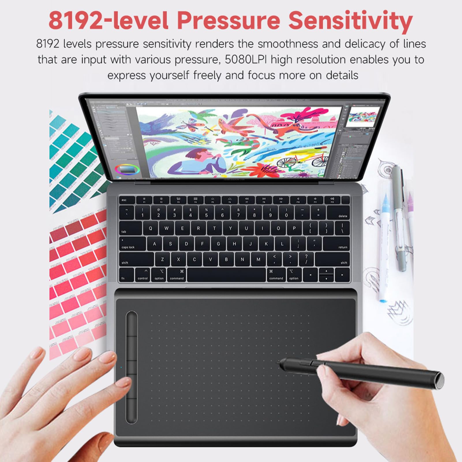 Tablet grafico, WP9622N, tavoletta grafica, 8192 livelli, sensibilità alla pressione 5080 LPI, risoluzione 230 PPS, velocità di lettura USB