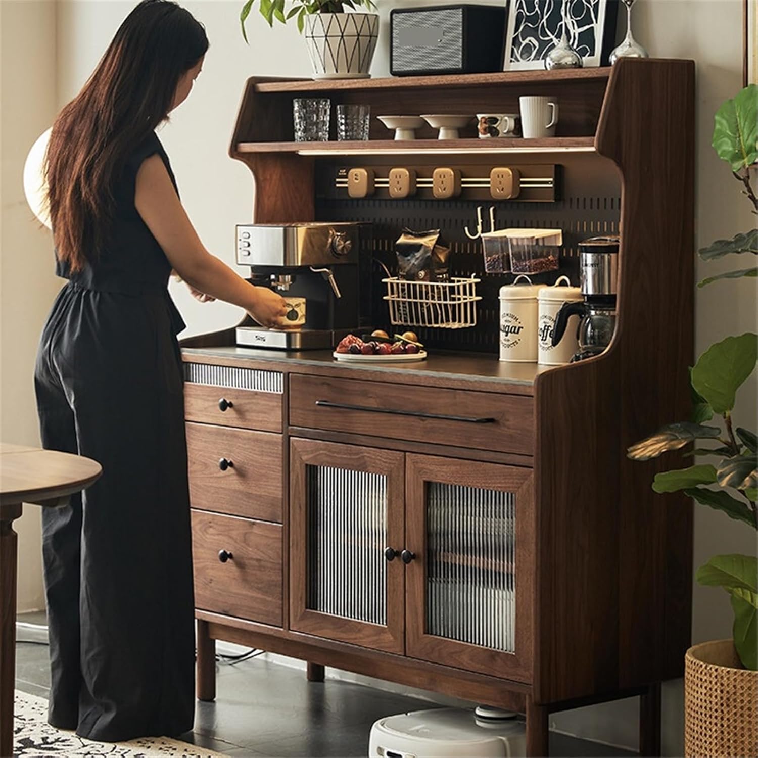 Sideboard Cabinet Wooden Sideboard with Tea/Coffee Slab Countertop Low Storage with Doors and Drawers Console Coffee Table