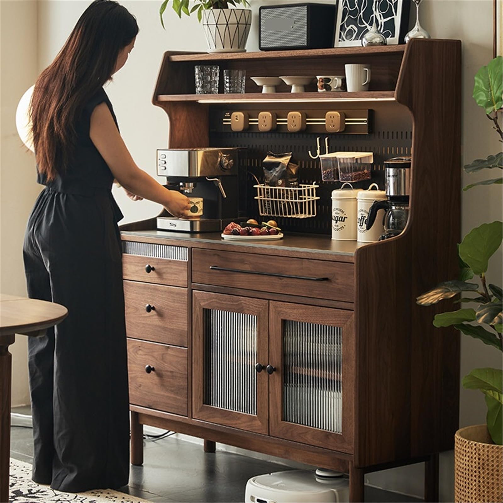 Cassettiera in legno per tè/caffè con piano di lavoro in pietra