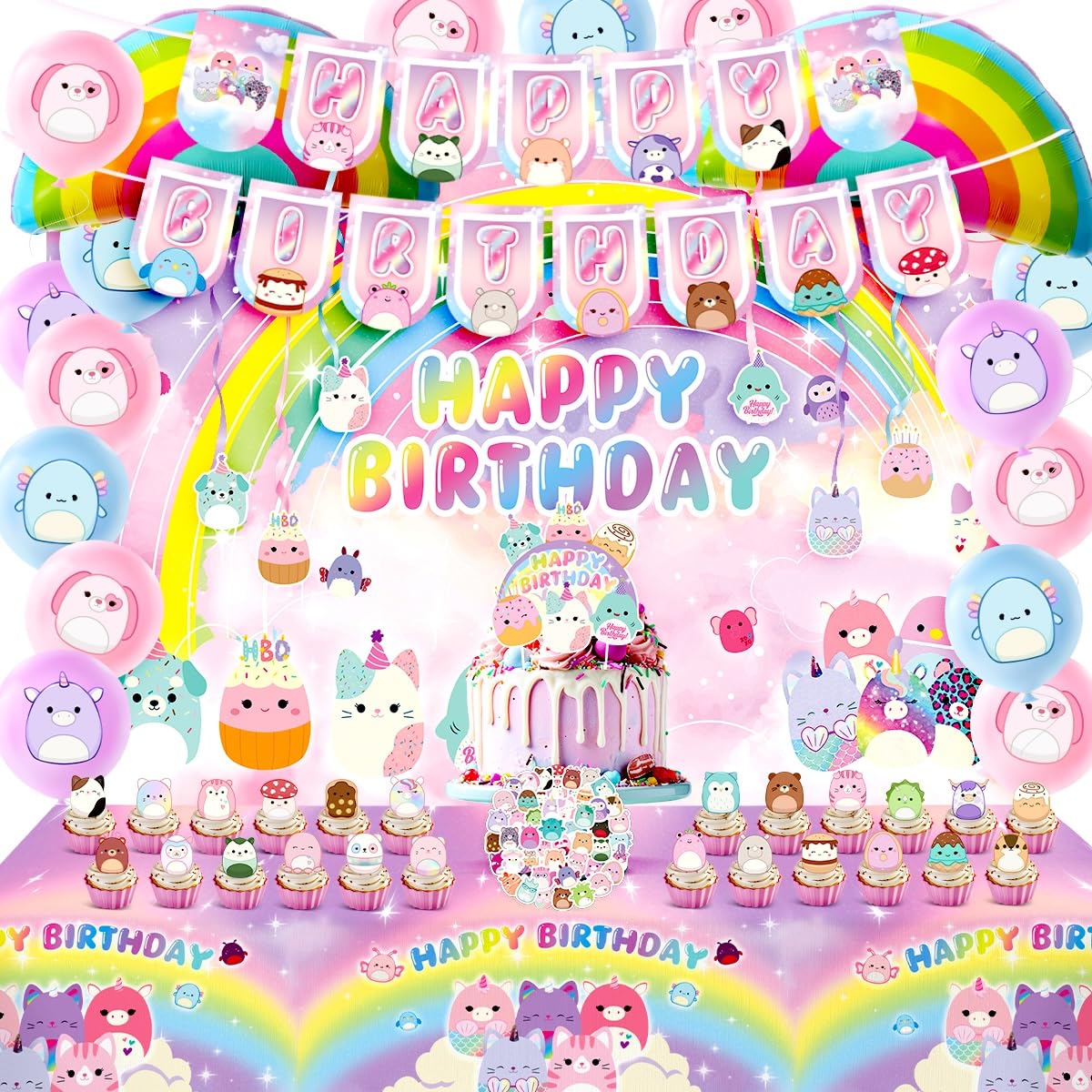 Squish Kawaii Mallow Birthday Decorations, Kawaii Animal Party Supplies Include Banner, Cake & Cupcake Toppers, Backdrop, Balloons and Stickers for Kids Party Decorations