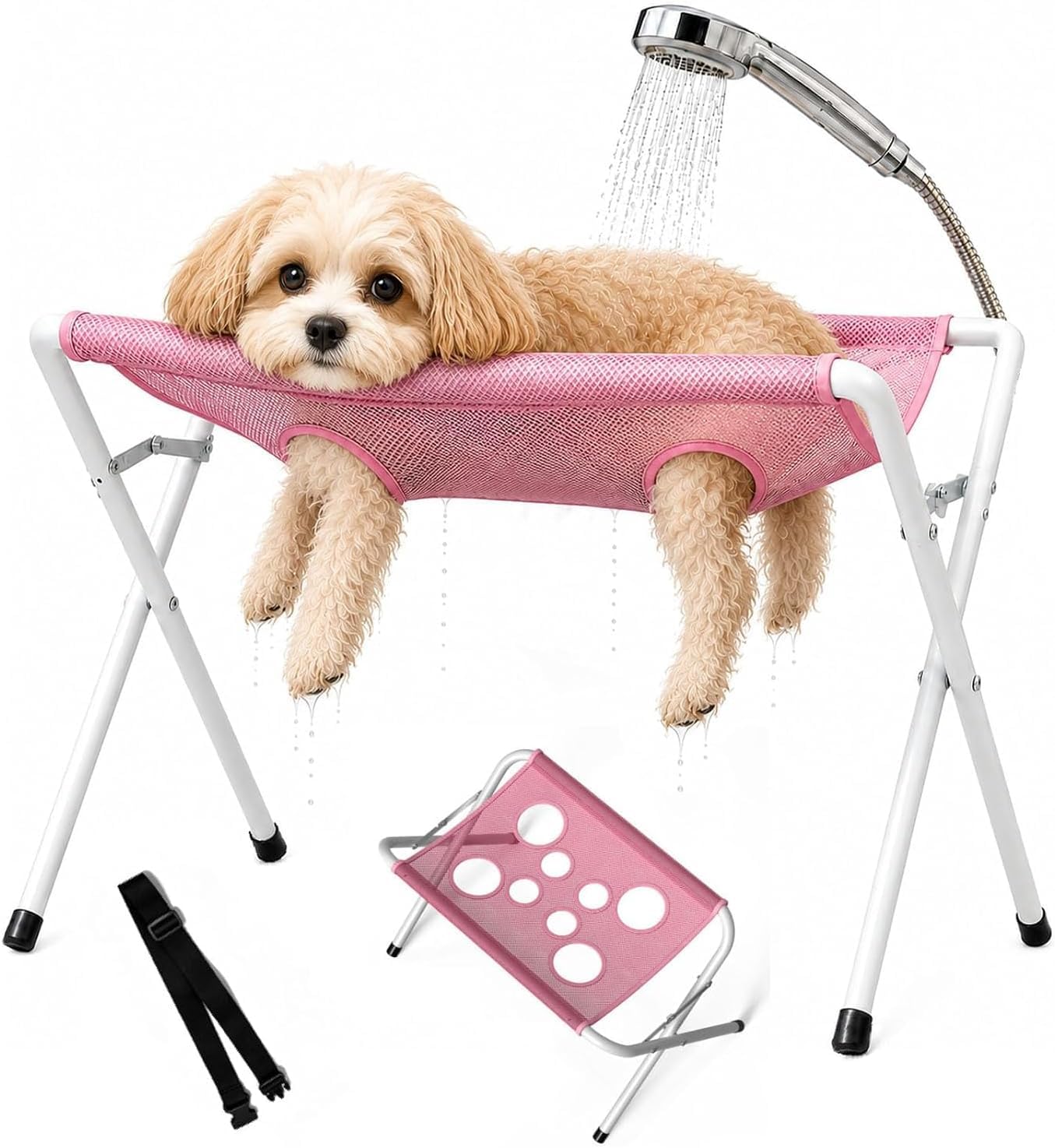 Dog Grooming Hammock, Foldable Dog Bath Holder Sling Shower Chair, for Trimming, Heavy-Duty Pet Bath Stool for Small & Medium, Washable Mesh with Harness Joint Support & Restraint (Pink-B)