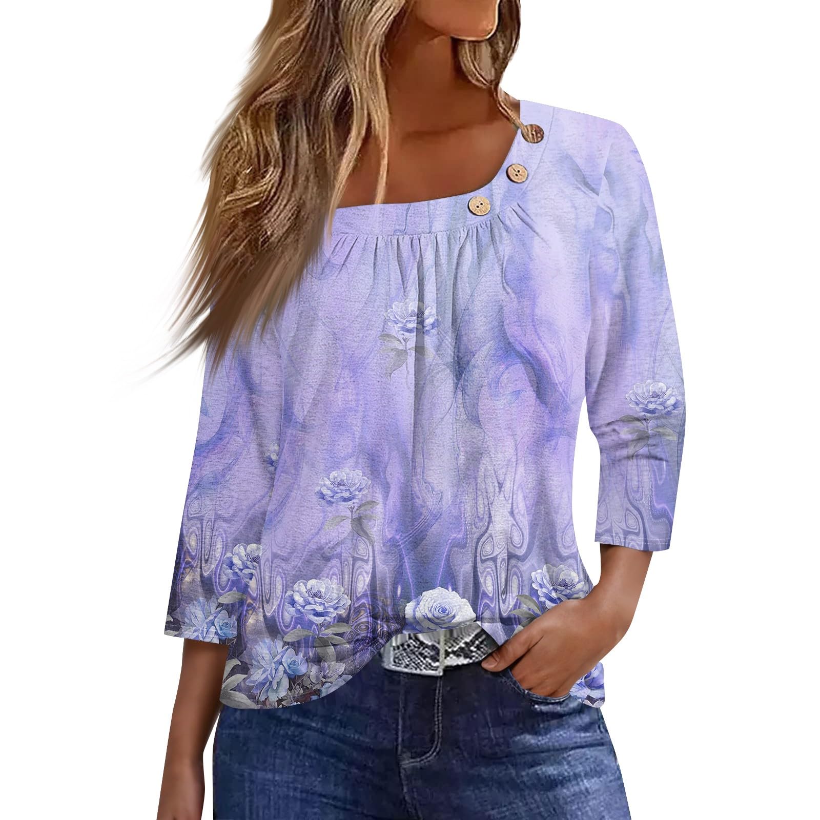 SCBFDI Blusa Mujer Elegante, Camiseta Mujer Escolar Día Festivo T-Shirt Manga De Siete Puntos Elegante Volante Fruncido Delgado Cuello, Moda Blusas Elegantes