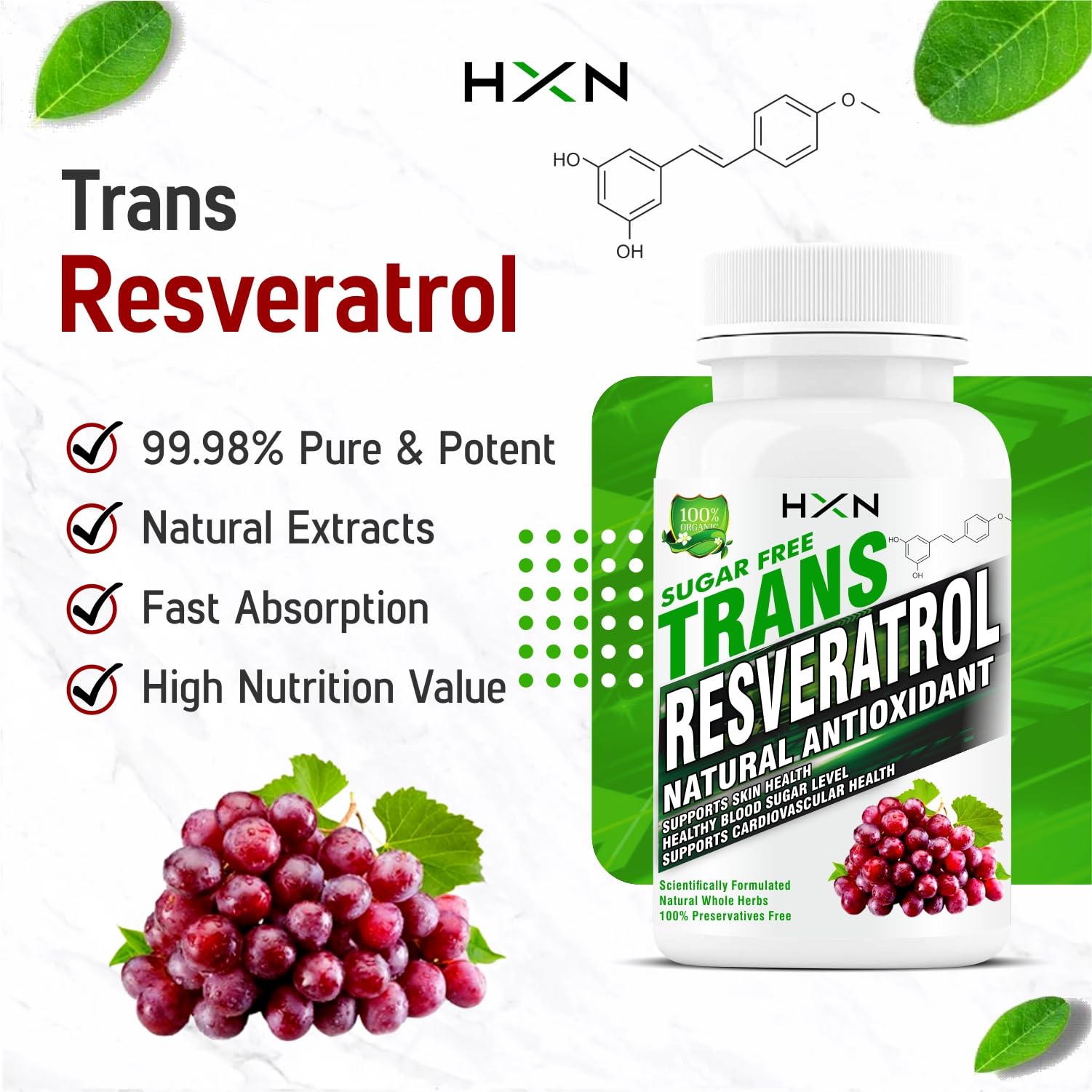 HXN Resveratrol 500mg Supplements With Grape Seed Extract, Quercetin Powder, Pomegranate To Balance Cholesterol, Antioxidant & Heart Health Care-60 Tablets (Pack 1) 2