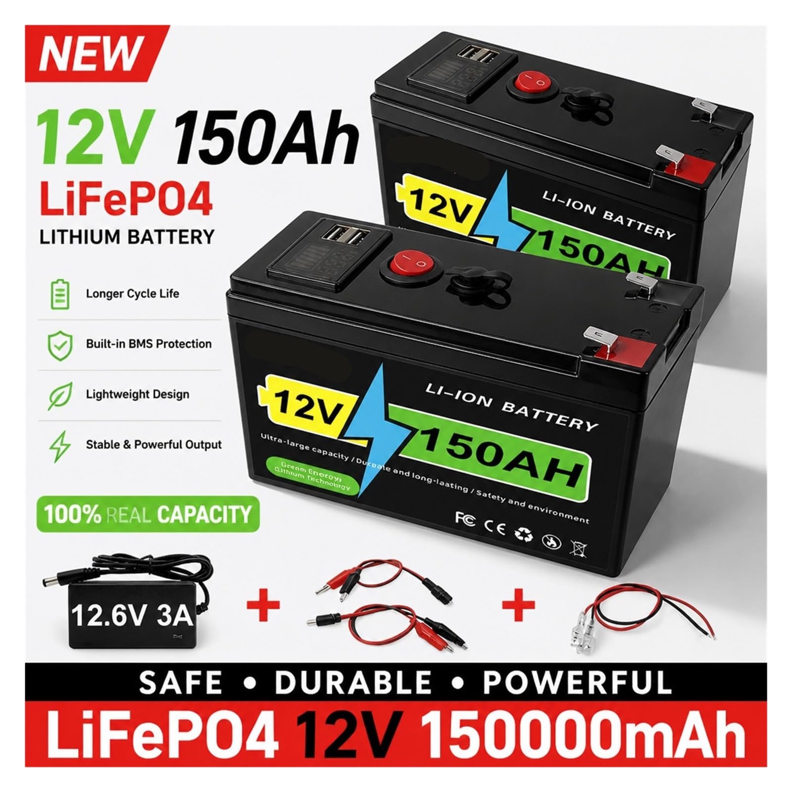 Batería Lifepo4 12v Batería solar Batería de litio 180Ah 12V | BMS de 10 años de vida útil y más de 4000 ciclos for dispositivos solares y marinos(150Ah Battery x1)