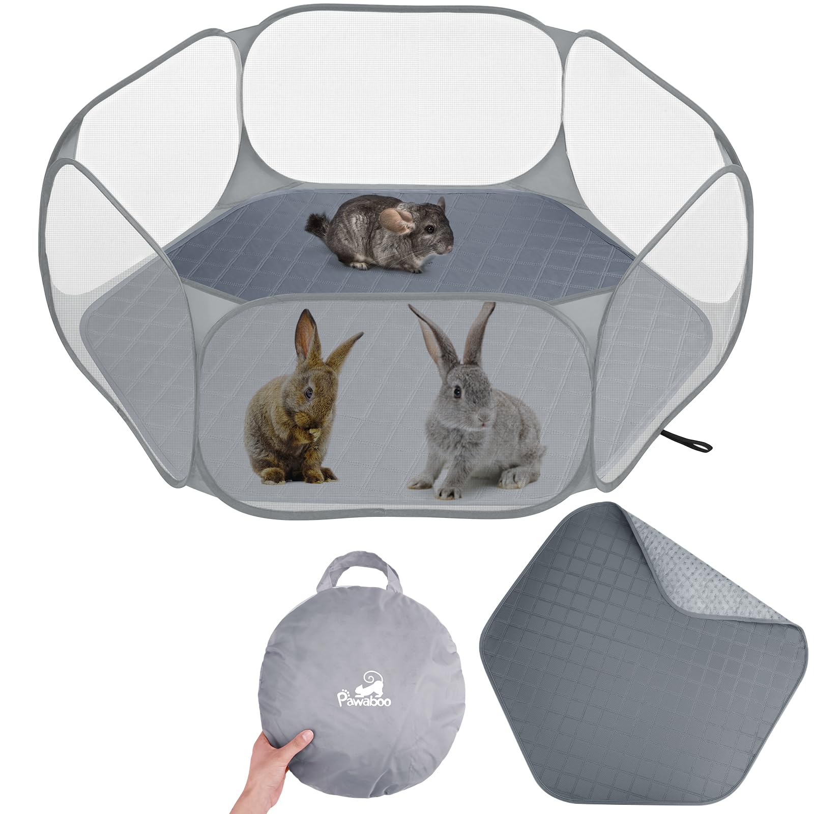 Pawaboo Small Animals Playpen with Pad, Waterproof Small Pet Cage Tent with Reusable Pad, Portable Outdoor Yard Fence for Chick/Kitten/Puppy/Guinea Pig/Rabbits/Chinchillas, Gray+Gray โ image 1
