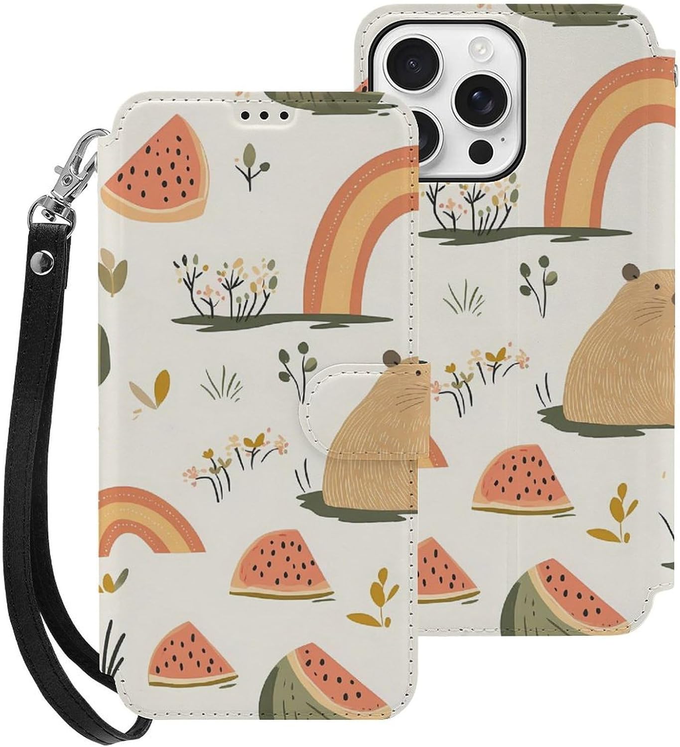 Capybara Rainbow Floral Watermelon Compatible with iPhone 16/16 Plus/16 Pro/16 Pro Max/16 E Case Phone Wallet Card Holder Flip Cover with Wrist Strap