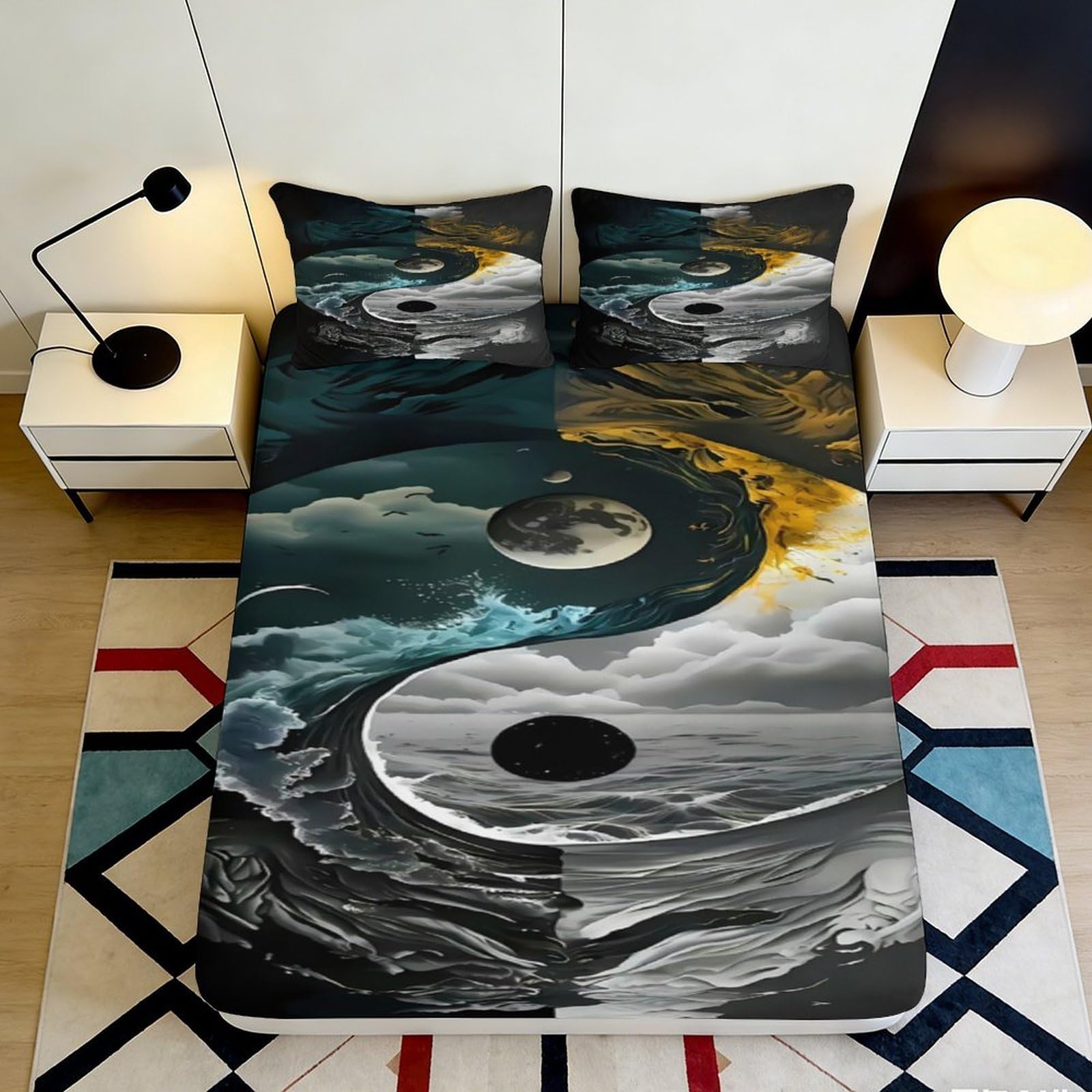 3D Printed Yin Yang Wave Fitted Sheet Microfiber Artistic Moon Bed Cover for Bedroom Dorm Mattress Protection Decor 90x200x25cm