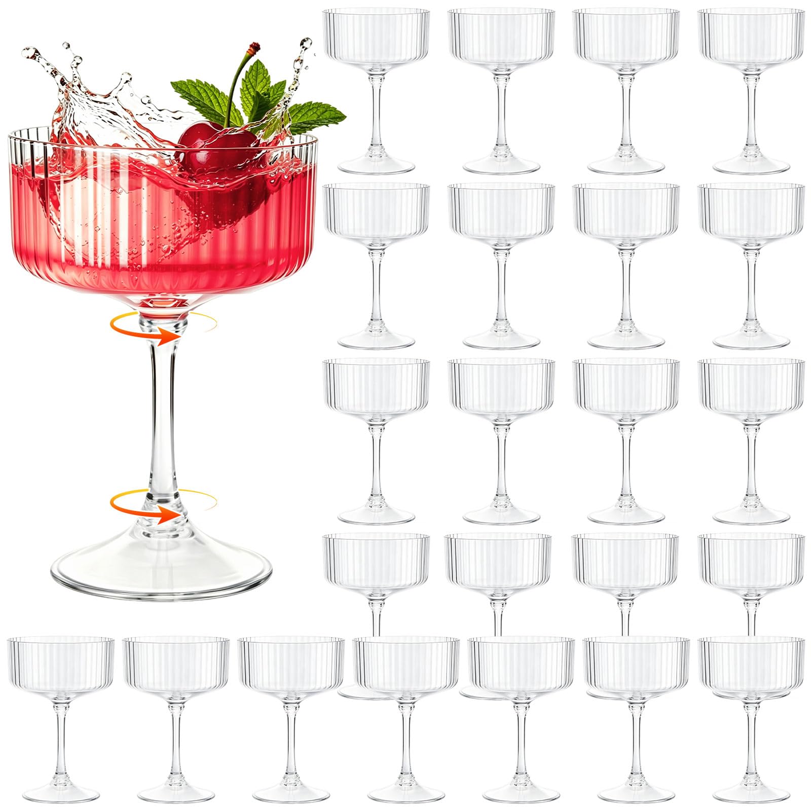 24 Pcs Plastic Martini Glasses,10oz Disposable Ribbed Martini Glasses