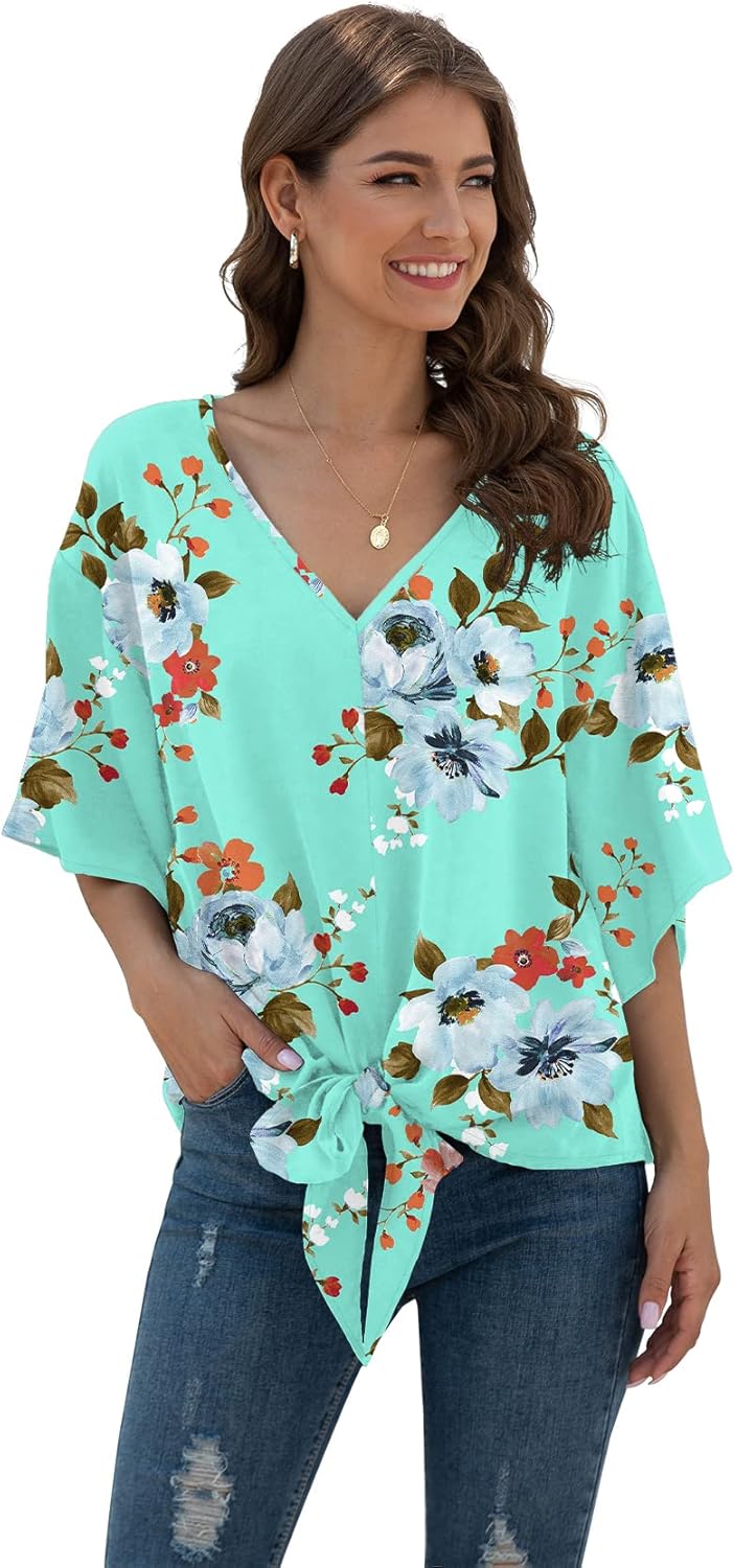 VIISHOW Womens Tie Front Chiffon Blouses V Neck Batwing Short Sleeve Summer Tops Shirts - Image 2