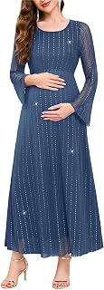 Maternity Sparkly Mesh Dress Bell Long Sleeve Round Neck A Line Flowy Pregnancy Dresses Baby Shower Semi Formal