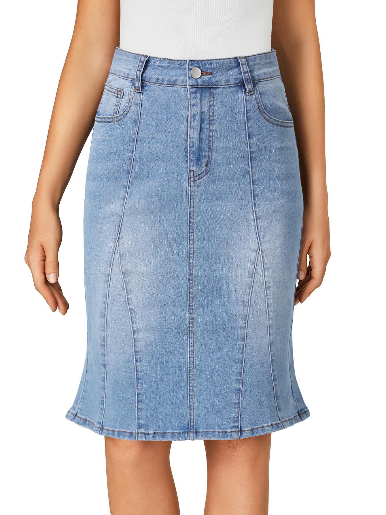 LYANER Damen-Jeansrock, hohe Taille, knielang, Bleistiftform, Meerjungfrauen-Stil, Stretch, Jeansrock