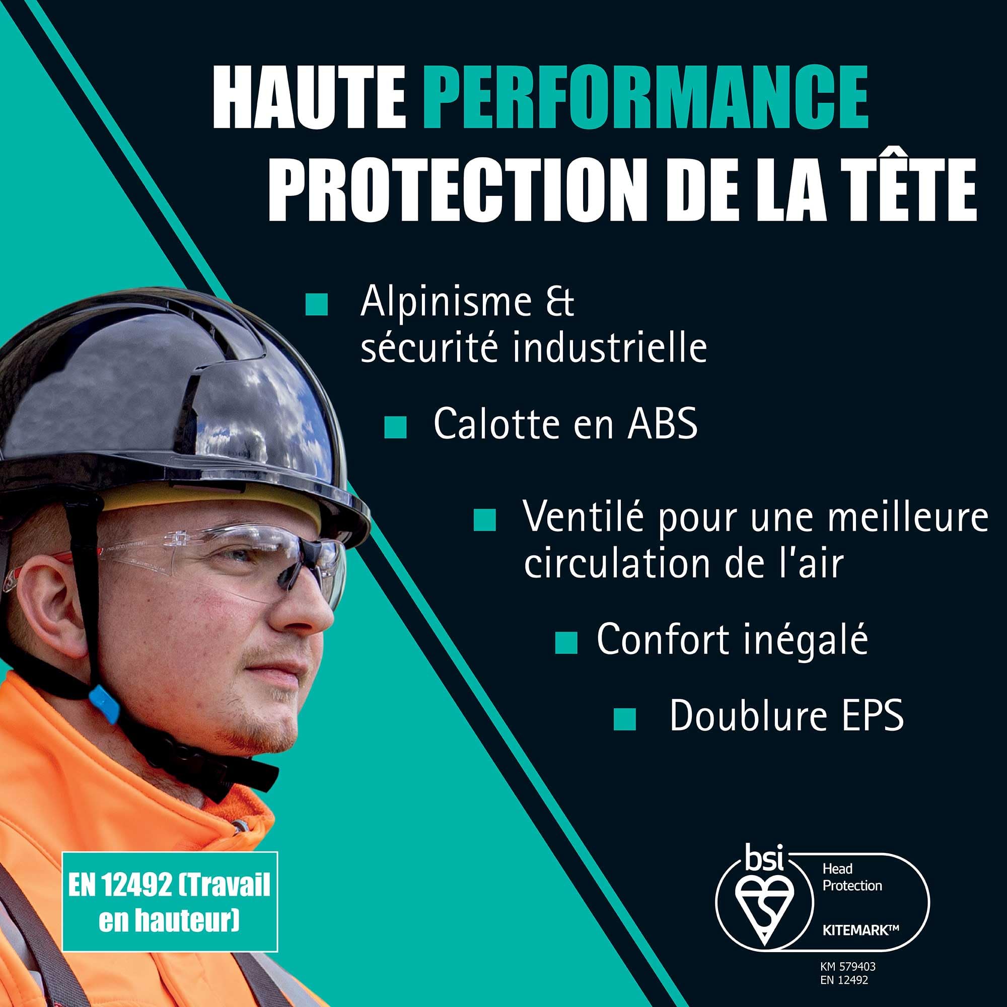 JSP EVOlite Skyworker Casque de Chantier & Escalade, Ultra Léger, Noir | Casque le plus léger de JSP pour travaux en hauteur. Jugulaire 4 points, molette. EN 397 & EN 12492.