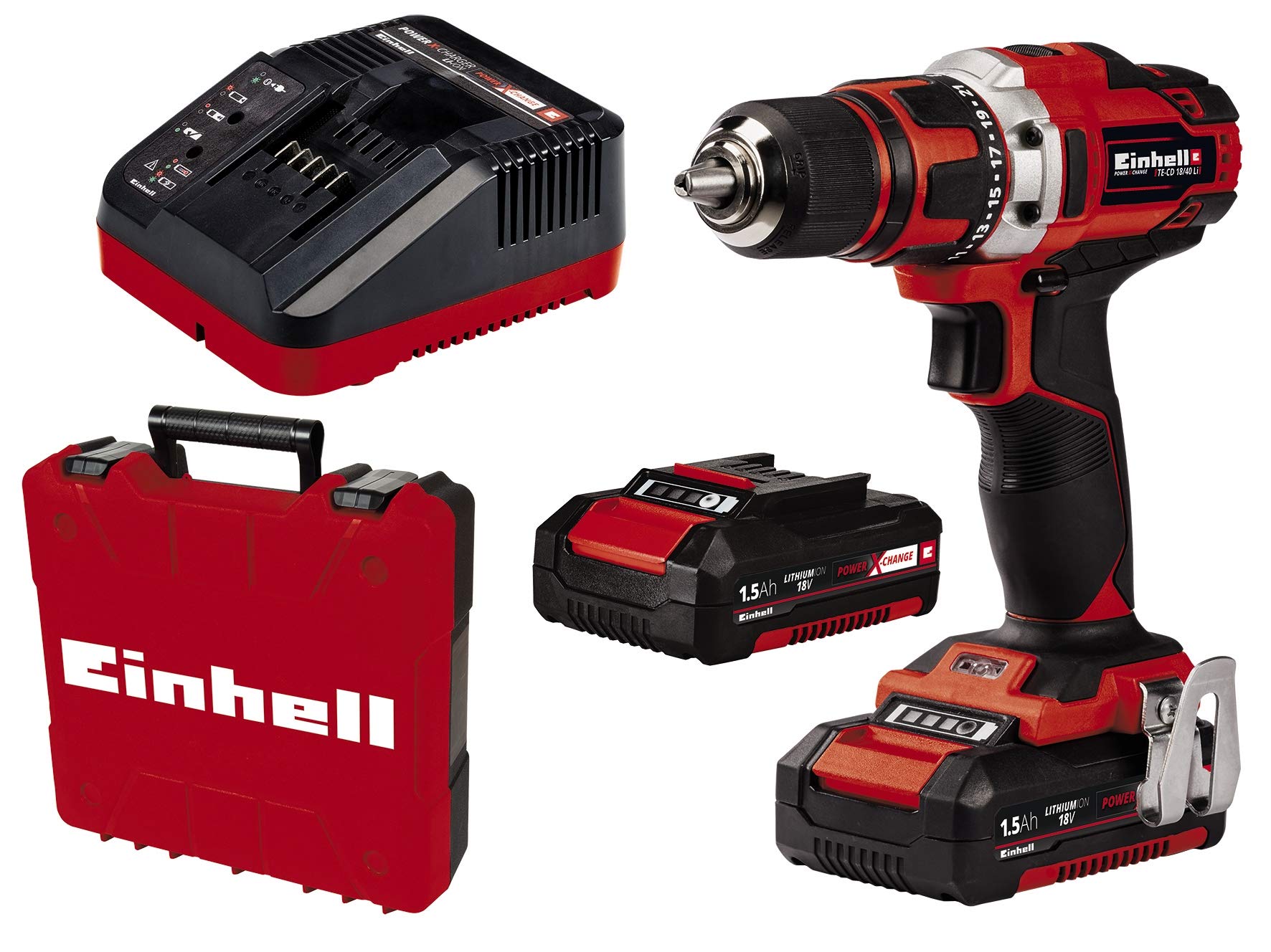 Einhell Akkuschrauber TE-CD 18/40 Li Kit Power X-Change (Li-Ion, 18 V, 40 Nm, 13 mm Bohrfutter, 2-Gang-Getriebe, Koffer, inkl. 2x 1,5 Ah PXC-Akkus und Ladegerät)