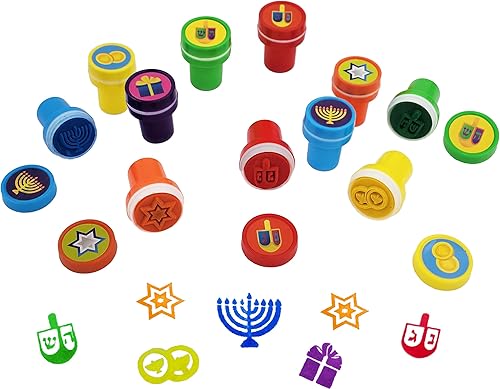 Miniatura 6 de Sellos de Hanukkah, caja de doce sellos multicolor de Hanukkah, cada sello incluye un divertido icono de Janucá que incluye menorá, Dreidels y