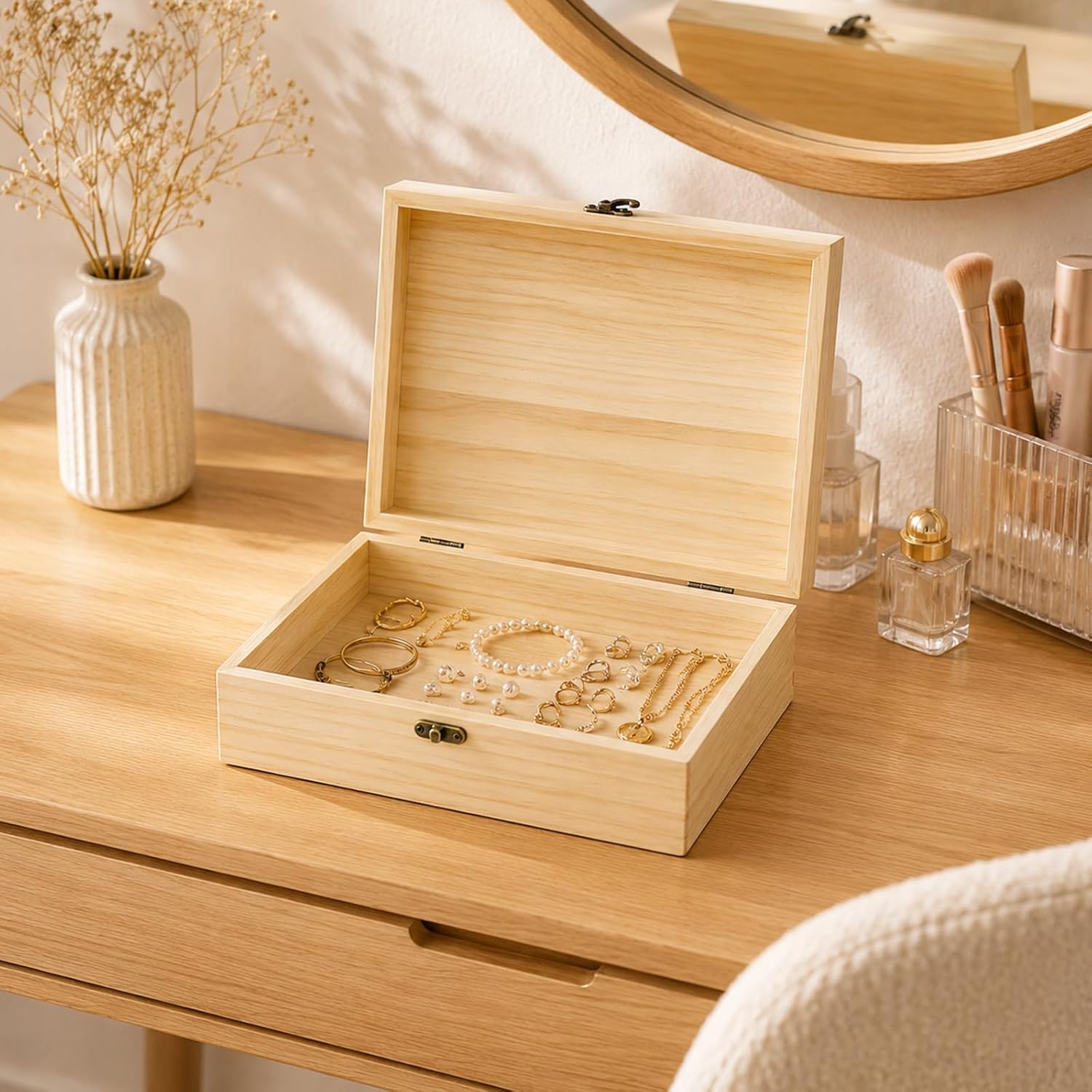 JJSQ Small Wooden Storage Box with Hinged Lid Rectangle Unfinished Unpainted Accessories Storage Wood Box for Crafts DIY Decoration Natural (12" x 9" x 3.5" IN) image 4