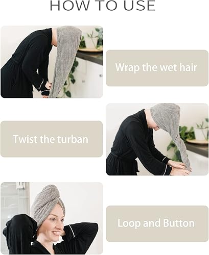 Miniatura 6 de Paquete de 4 toallas de microfibra extra grandes para mujer, súper absorbentes y de secado rápido, con botón, turbantes de pelo para cabello rizado,