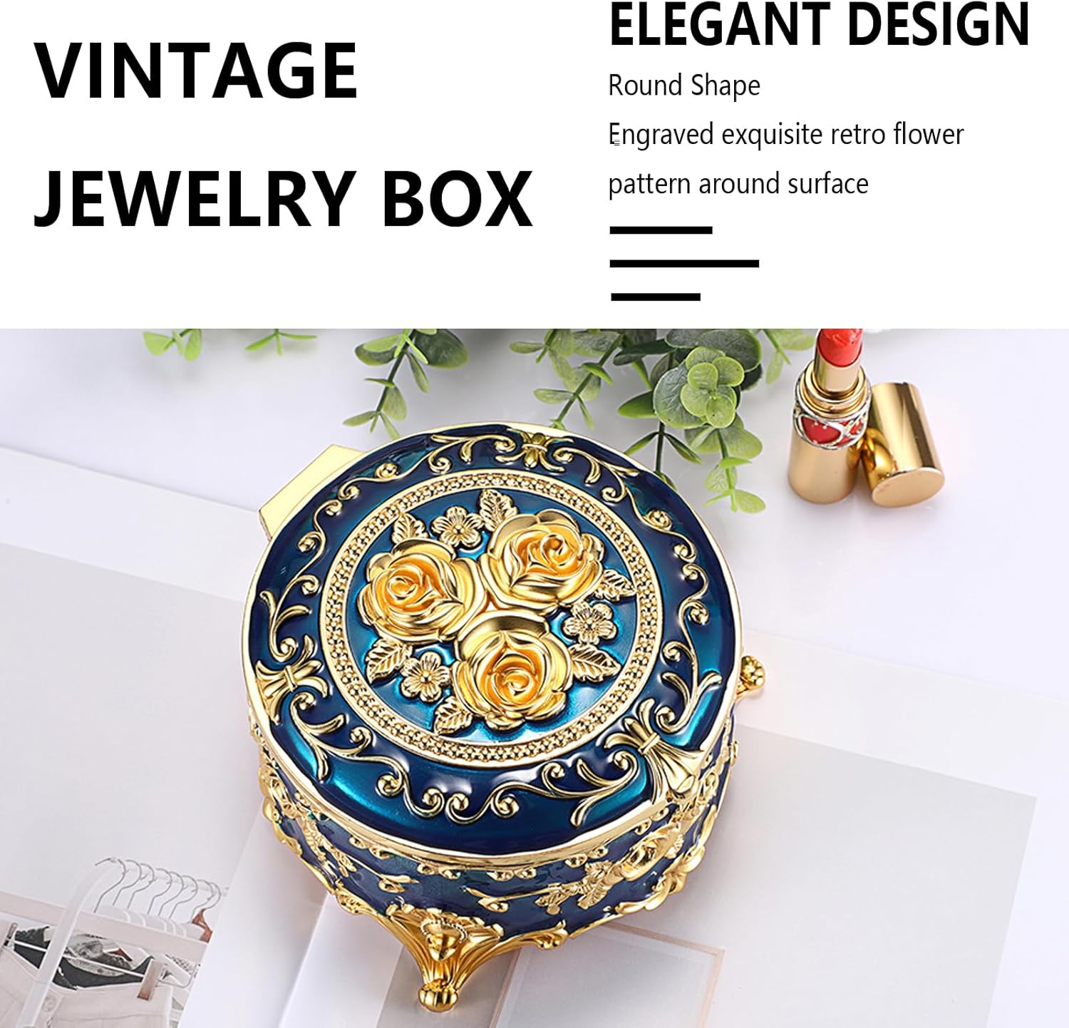 Hipiwe Vintage Jewelry Box Metal Keepsake Box Round Treasure Storage Case for Ring Earrings Necklace Holder Wedding Birthday Gift for Woman, Blue, 5.7" L x 5.1" W x 3.5" H