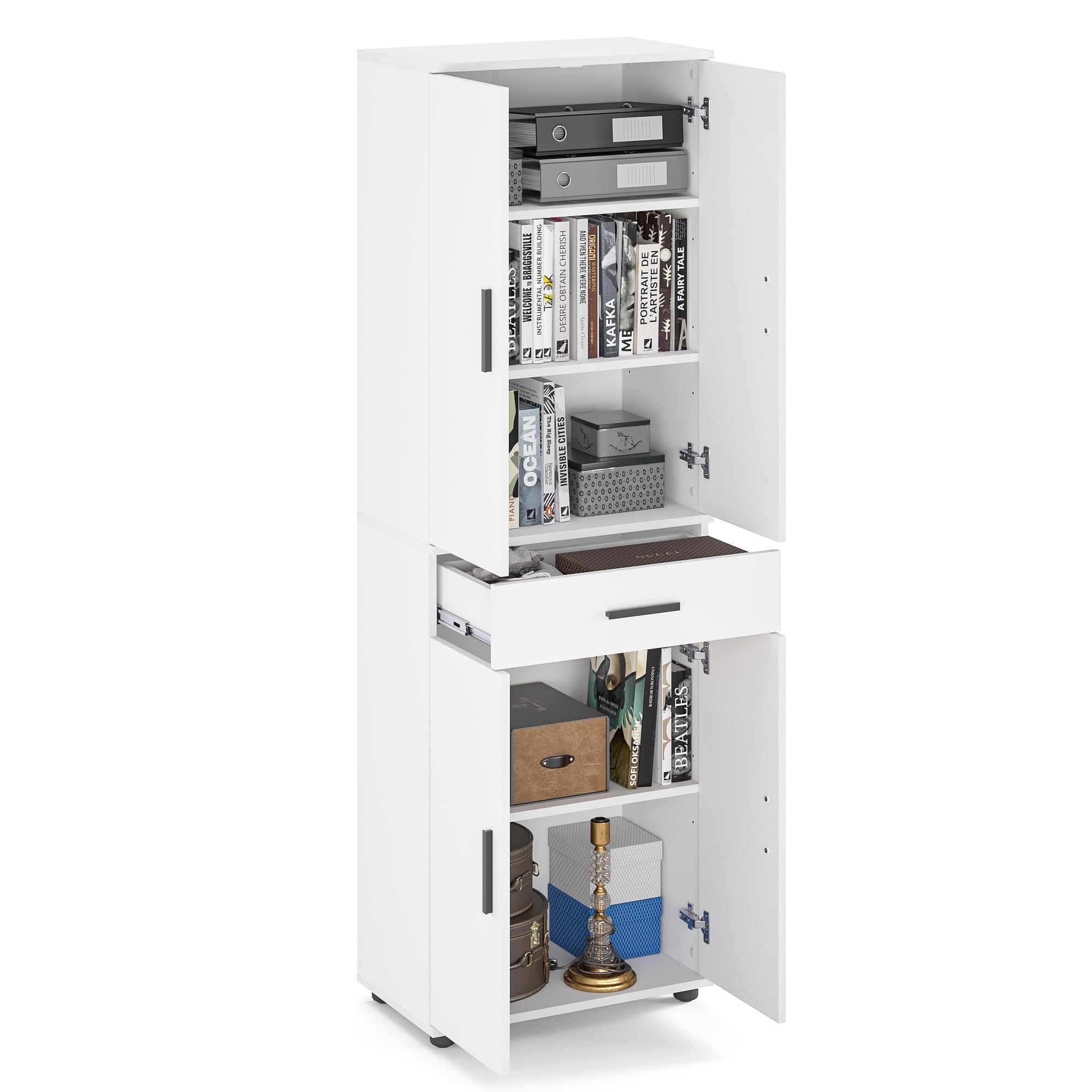 KOMTO Mehrzweckschrank 60 cm Breit - Schrank Weiß, Kleiderschrank mit 1 Schublade, Hochschrank, Büroschrank, Bücherschrank mit 4 Türen | Porto 180 х 34 х 60 cm