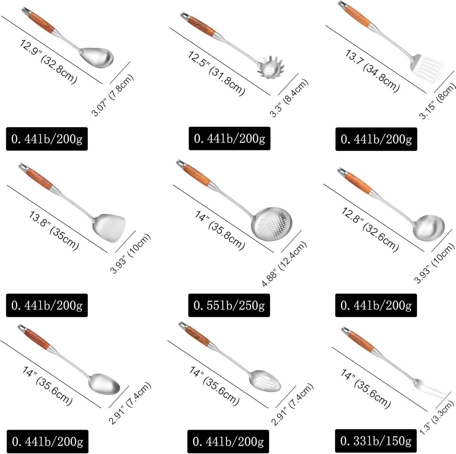 Stainless Steel Kitchen Utensils 12.5"-14" Wooden Handle Metal Cooking Utensils Set 9 PCS, Solid and Slotted Spoon, Fork, Spatula, Ladle, Skimmer, Slotted Tunner, Spaghetti Large Spoon