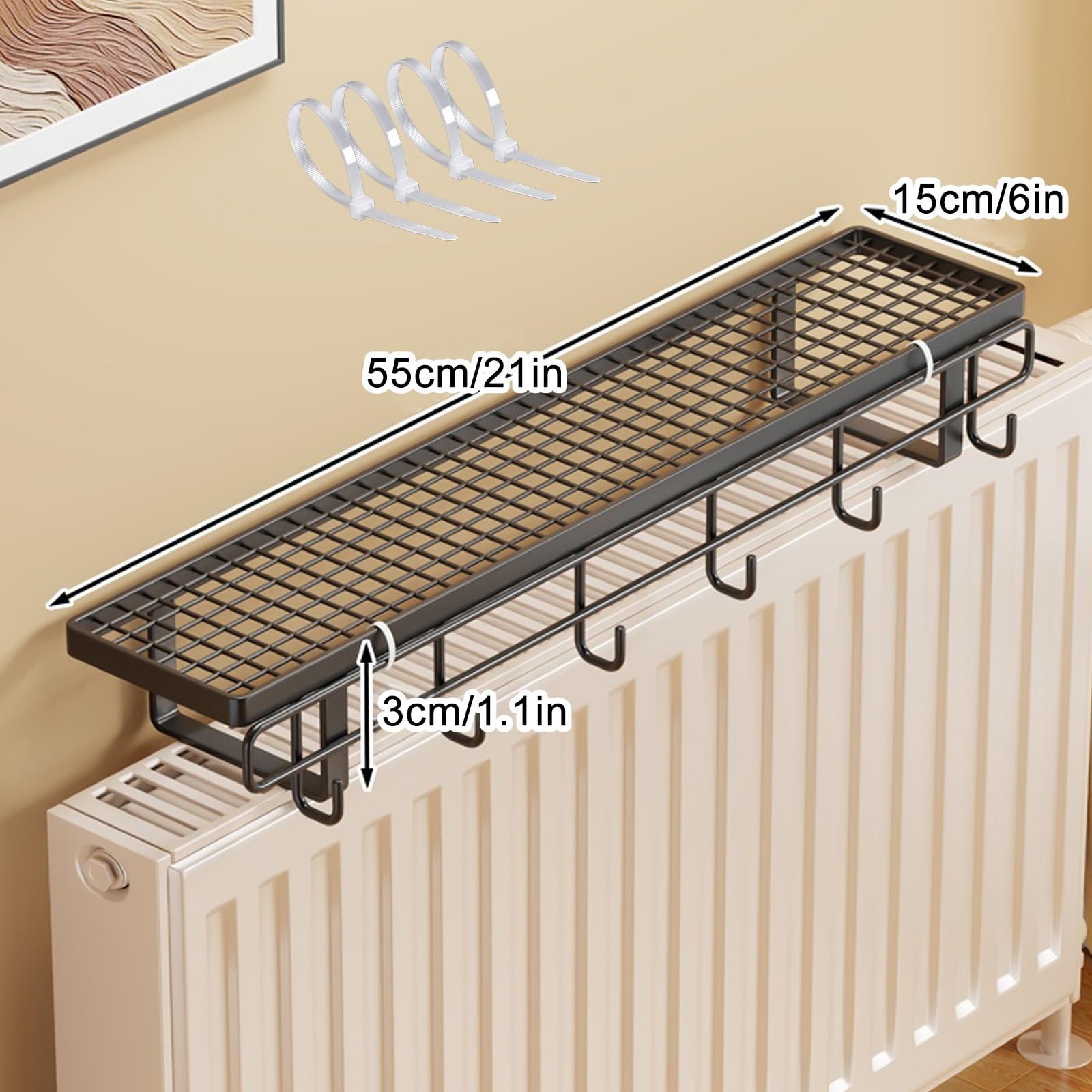 Soporte Radiador Pared, Baldas Flotantes Pared, Estante Flotante, Antihumo y a Prueba de Polvo, con Gancho, para Casa, Oficina, Cocina, Dormitorio, Sala de Estar(Black,20cm/8in)