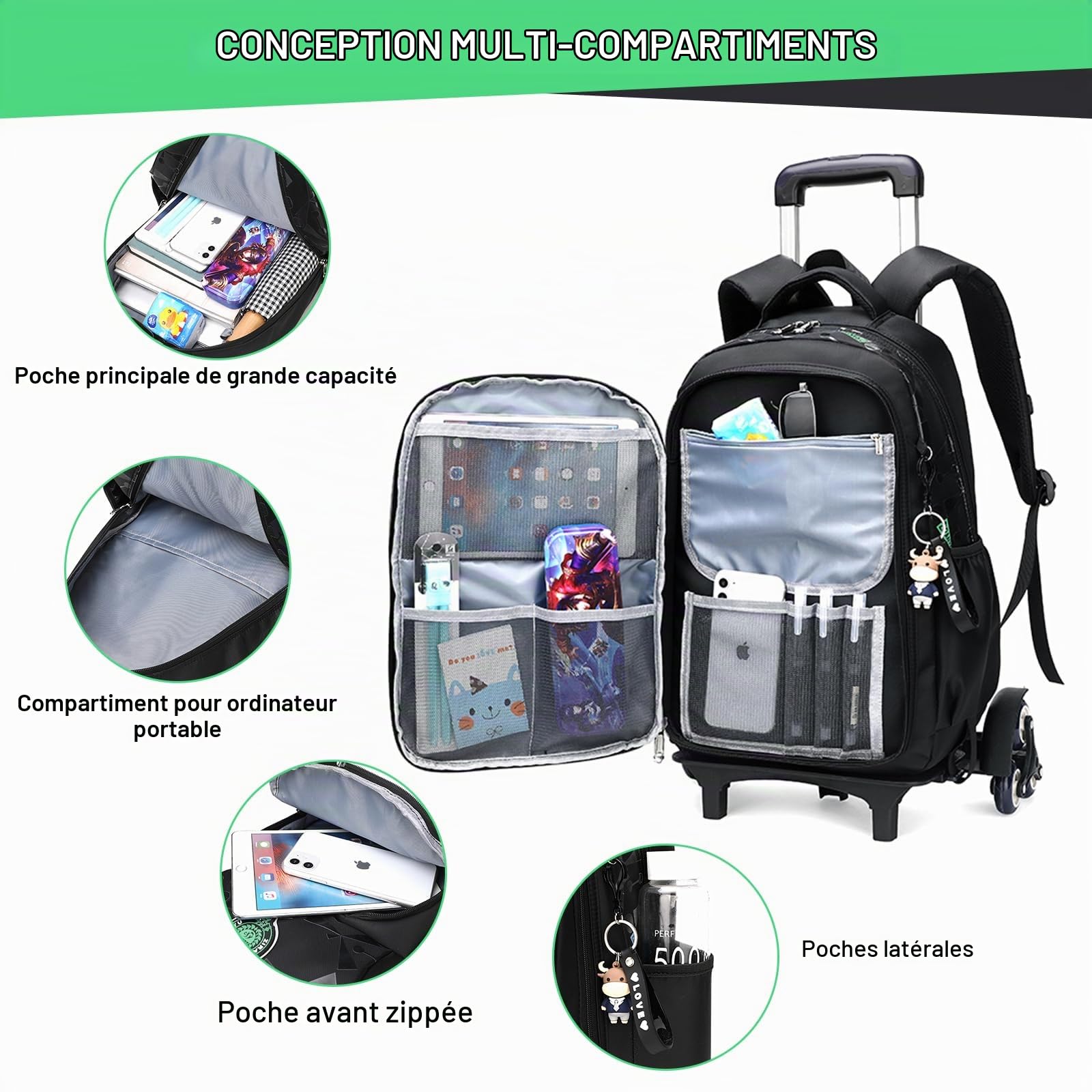 Amythe Sac à Dos à Roulette pour Garçons Cartable Primaire avec Chariot pour l'école ou les Voyages D'agrément, Sac D'école Garçon 6 à 12 ans, Noir
