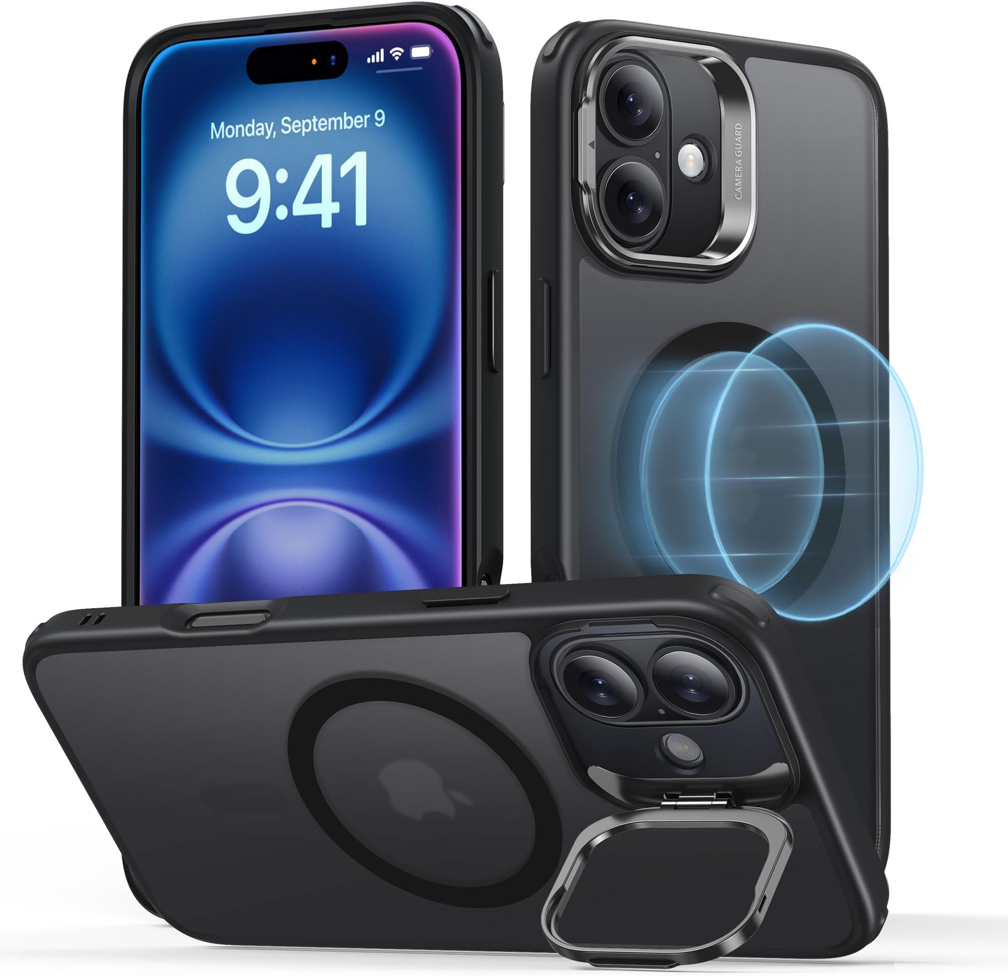 for iPhone 16 Plus Case, ompatible with MagSafe, Military-Grade Protective Case, TPU, Built-in Stash Stand Phone Case, Scratch-Resistant Back Cover, Classic Series, Frosted Black