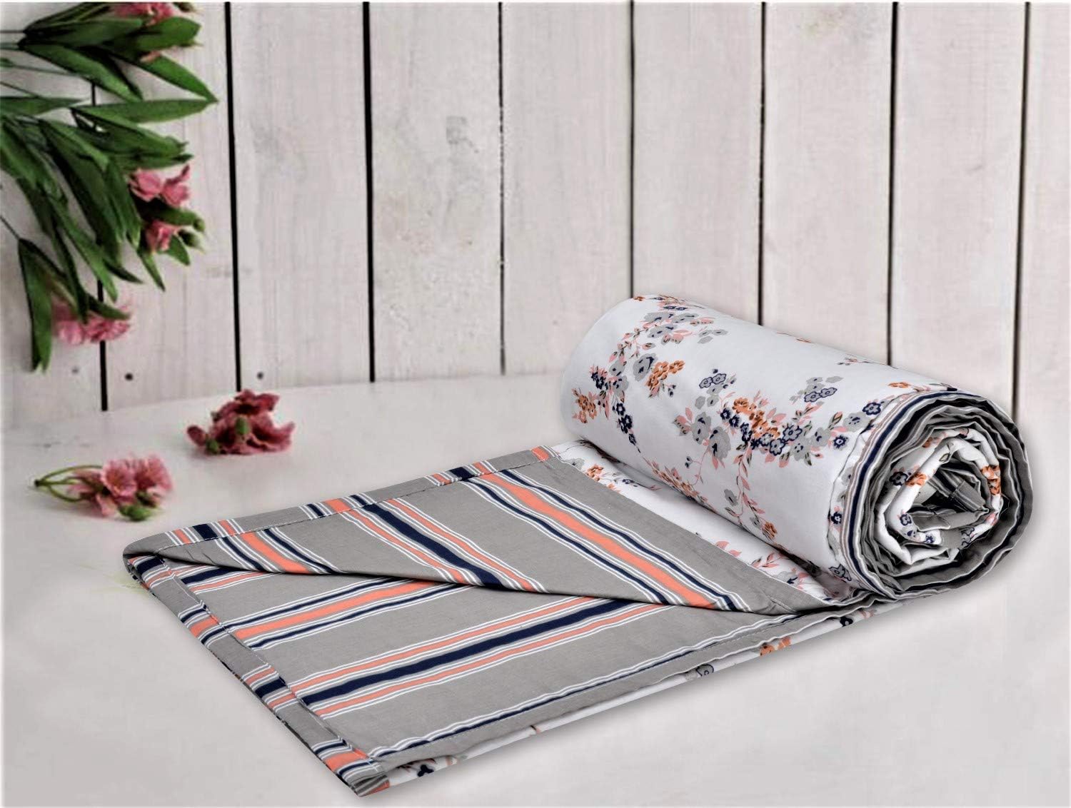 Trance Home Linen Pure Cotton Reversible Dohar Toddler Size | Cotton Ac Quilt for Babies | Infants - New Born Blanket | Soft Light-Weight Bed Blanket 0-4 Years Kids (140Cm X 100Cm, Grey Peach)