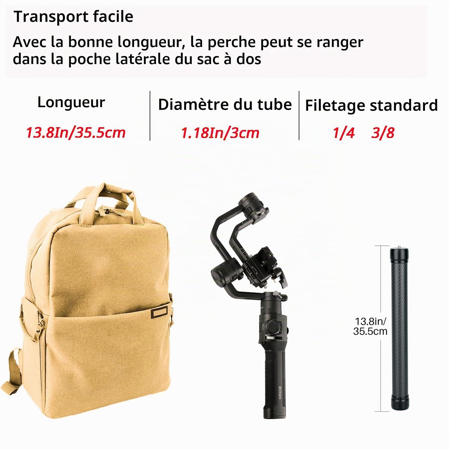 Professionnel Carbone Fibre Extension Monopode Pôle Bâton Tige 1/4'' Compatible pour DJI RS4/RS4 Pro/RS3 Mini/RS3/RS3 PRO/RS2/RSC2/Ronin S/Ronin SC/Zhiyun Crane 3 Weebill Cardan Stabilisateur