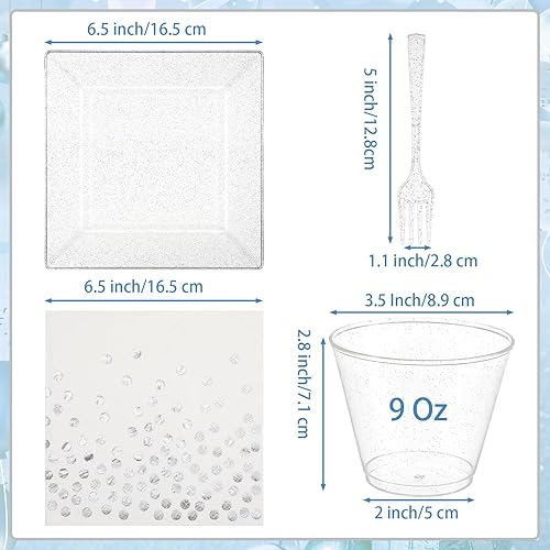 Miniatura 9 de Nosiny Juego de 400 platos cuadrados de plástico para 100 invitados con vasos de plástico con purpurina, tenedores, servilletas de papel de lunares,