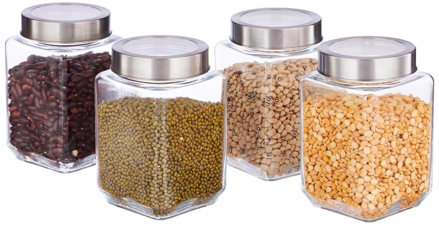 CROCO JAR Square Glass Storage Containers 650ml | Transparent Airtight Kitchen Jars with Steel Lid | Cubical Glass Jars for Pantry, Snacks, Dry Fruits, Masala, Pickle & Coffee Beans | Pack of 4