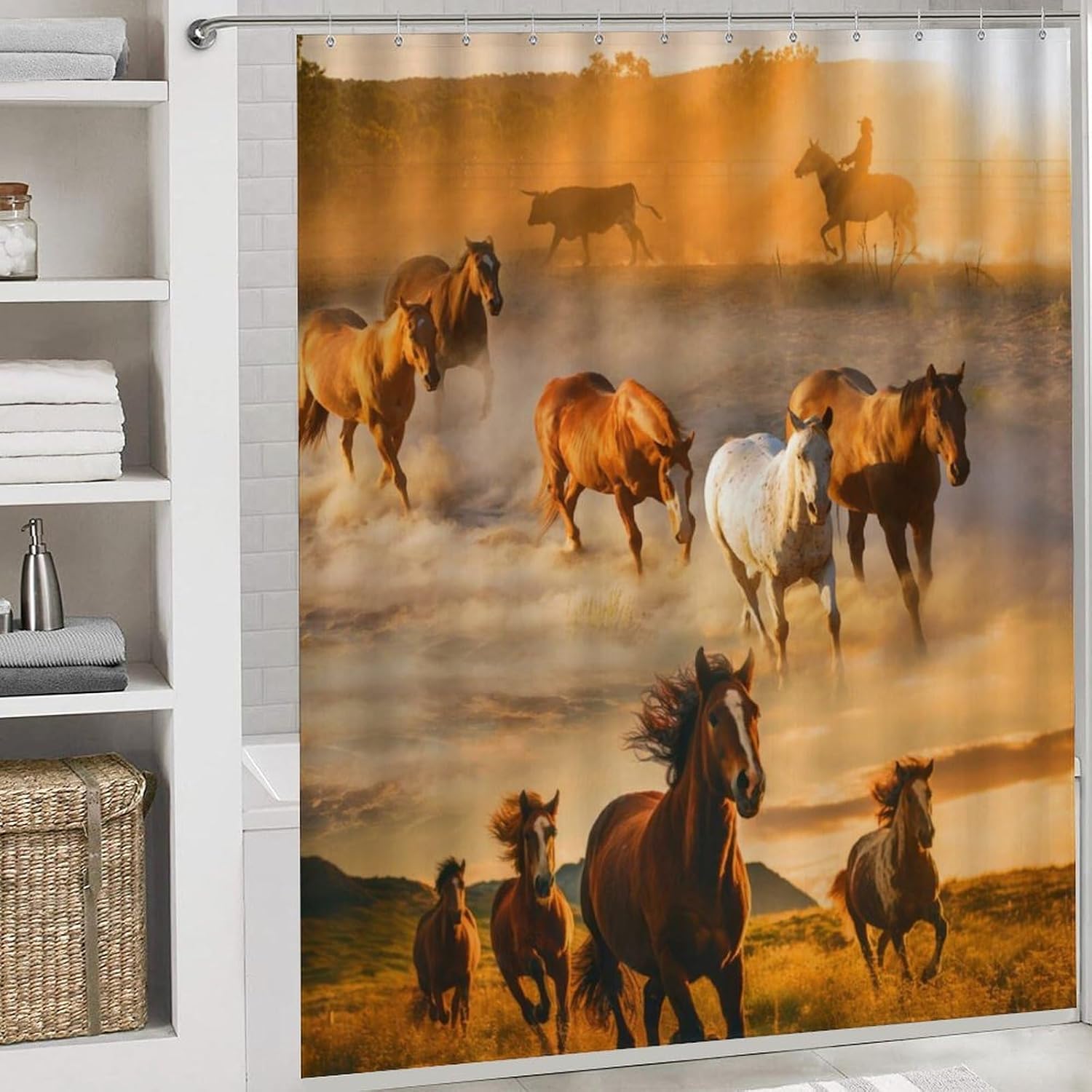 Brebasf Rustic Desert Horses 4 Pcs Waterproof Shower Curtains Set,Vintage Wild Western Cowboy Sunset Running Horses Shower Curtains Shower Rugs Mat Toilet Cover-72 W X 72" L