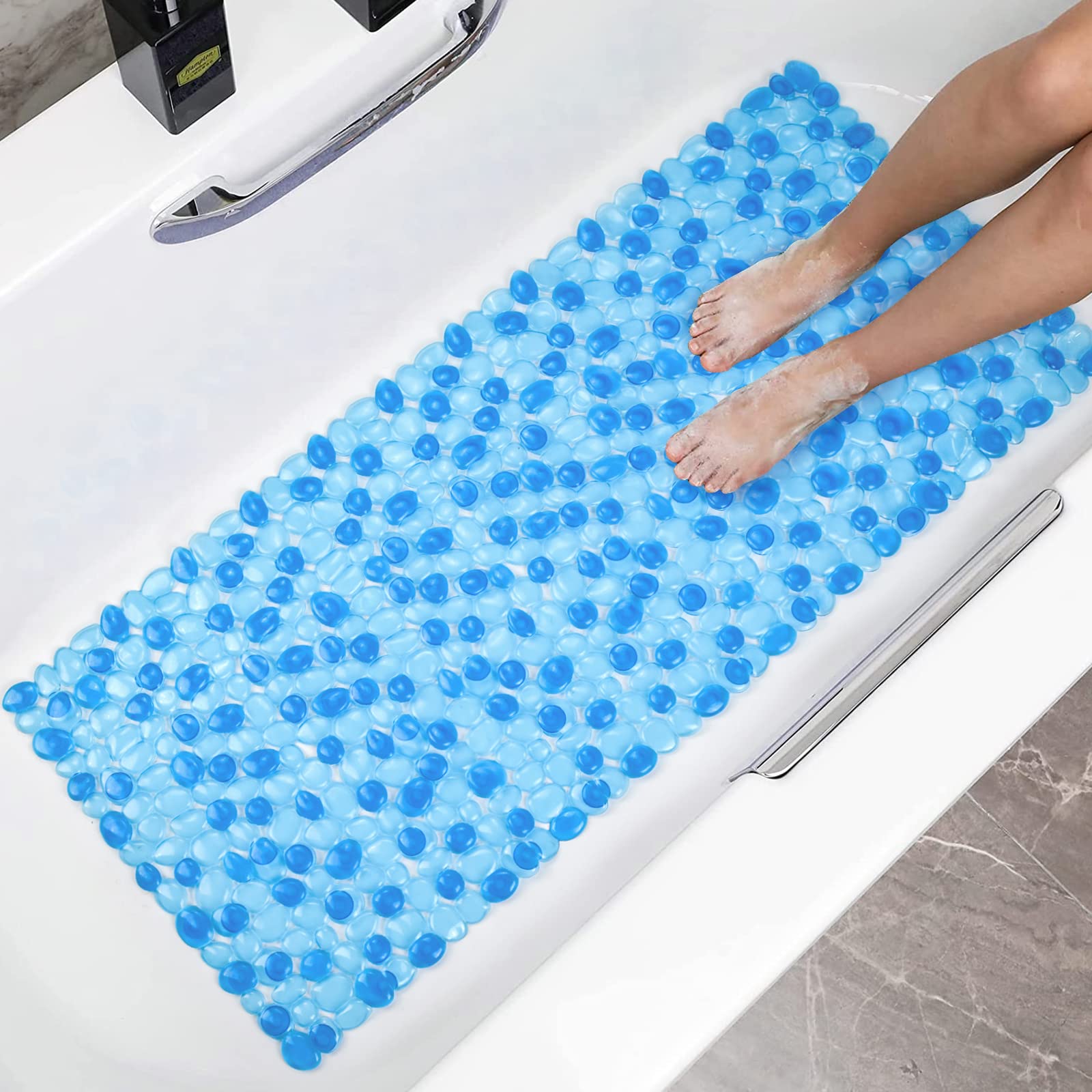 Pebble Shower Mat Non Slip, 35 X 15.7 Inch Bathtub Mat with Suction Cups, Drainage Holes for Shower, Tub, Bathroom, Machine Washable (Clear Blue)