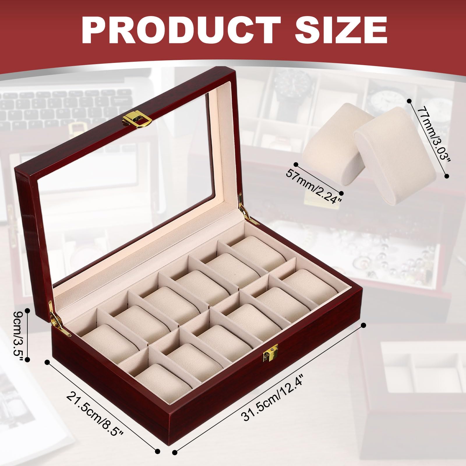 Boîte de Rangement pour Montres sourcing Map à 12 emplacements, boîte à Montres pour Hommes avec Couvercle en Verre, boîte à Montres en Bois avec Coussin Amovible pour Montres, Rouge