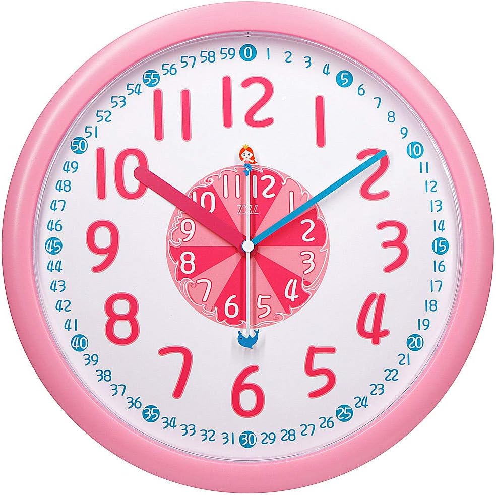 TXL Learning Time Teaching Clock, Hour in Pink/Minute in Blue, Easy to Read Time Analog Clock, Safe Material Large Numbers Silent 12" Learning Clock for Classroom Clocks/Playroom/Nursery/Bedroom, Pink