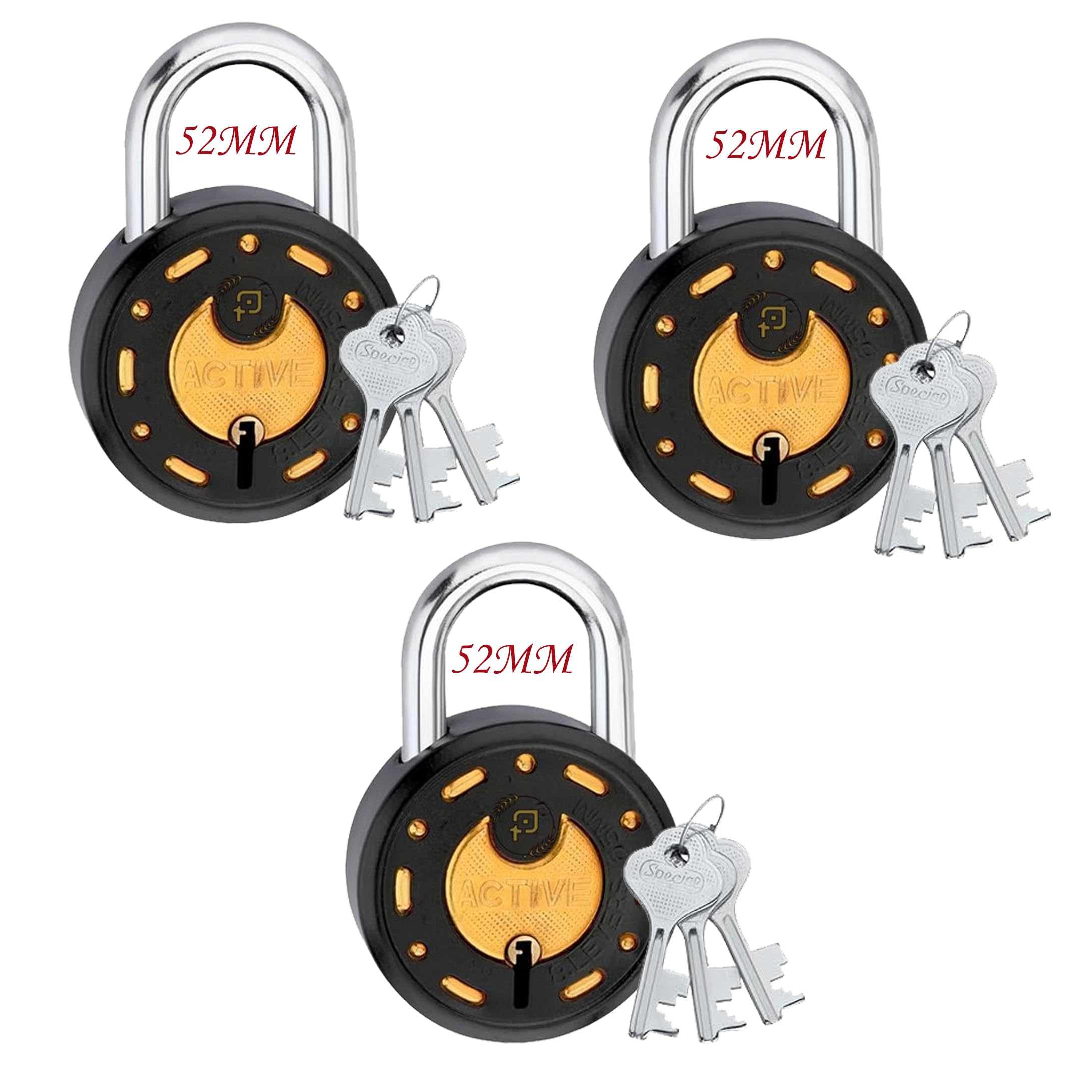 Azco Round Locks Small Size 50mm 9 Same Key with 3 Padlocks | 7 Levers Double Locking | Black Golden Finish | Lock and Keys for Home Door Gate Shop Shutter (Pack of 3)