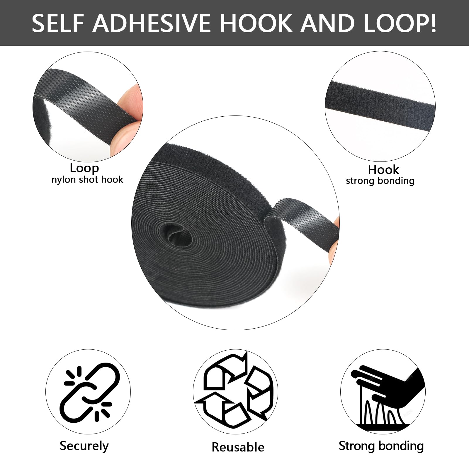 Adjustable Cable Straps, Roll 20 M X 2 Cm Free Cut Length, Black Reusable Fastening Cable Ties, Hook And Loop Securing Strap For Cable Tidy, Wire Management, Cord Organiser