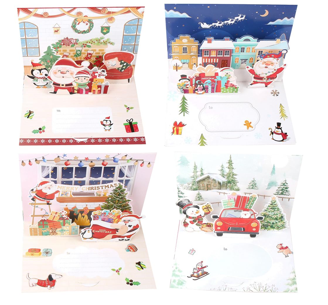 クリスマス カード メッセージカード 封筒付き 立体 ポップアップ クリスマス グリーティングカード お祝い 挨拶 4枚セット (タイプ2)