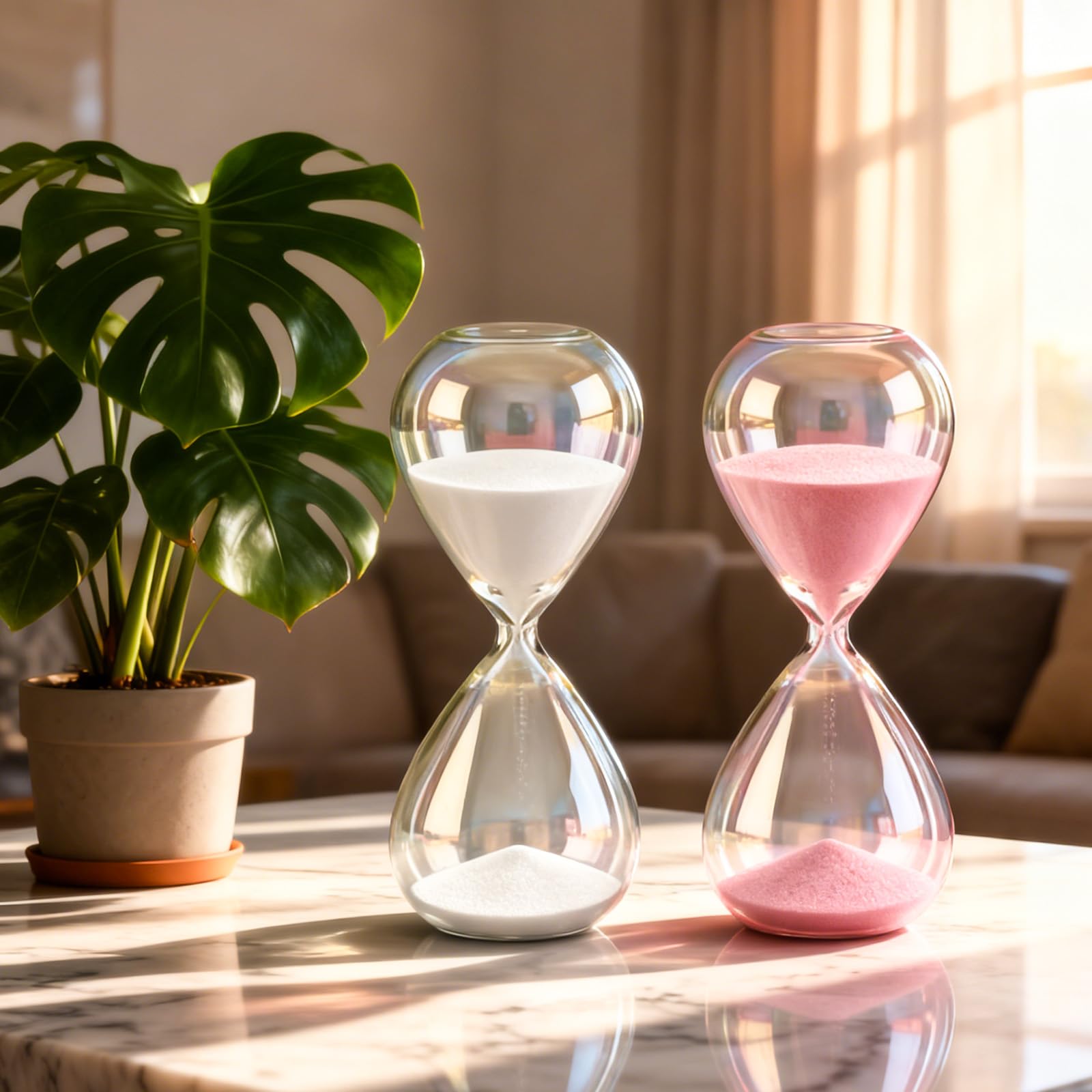 2 clessidra, 30 minuti, clessidre colorate in vetro, sabbia time, grande vetro sabbiato in vetro borosilicato per casa, scrivania, ufficio, 8 x 8 x 20 cm, rosa+bianco