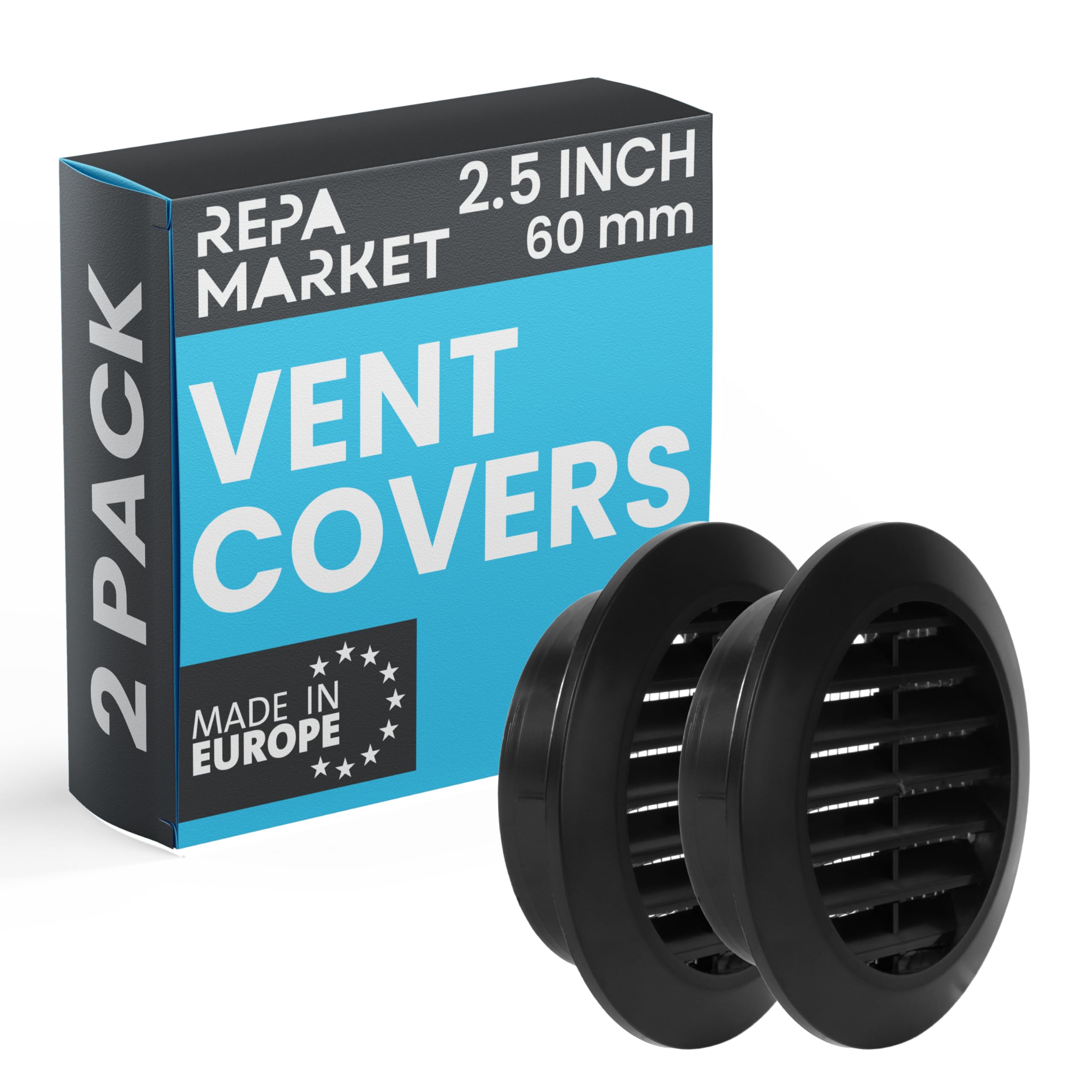 Repa Market 60mm Pack of 2 Black Vent Cover with Mesh Screen - Plastic Soffit Ventilation Grill - Louvered Vent for Indoor, Outdoor Wall Ducting - HVAC Louvre Grille for Kitchen, Bathroom