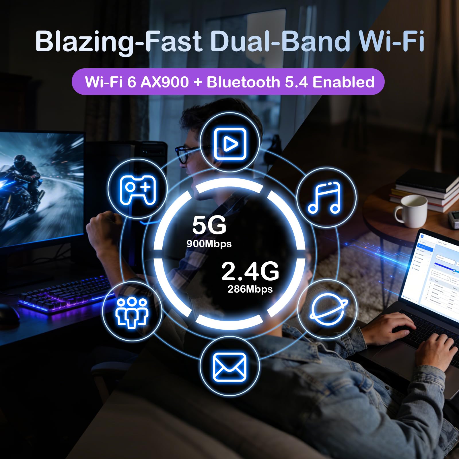 Adaptador WiFi USB, WiFi y Bluetooth 2 en 1 para PC de escritorio, red inalámbrica de doble banda de 900 Mbps de 2.4 GHz/5 GHz, Plug and Play, compatible con PC/portátil/escritorio, compatible con