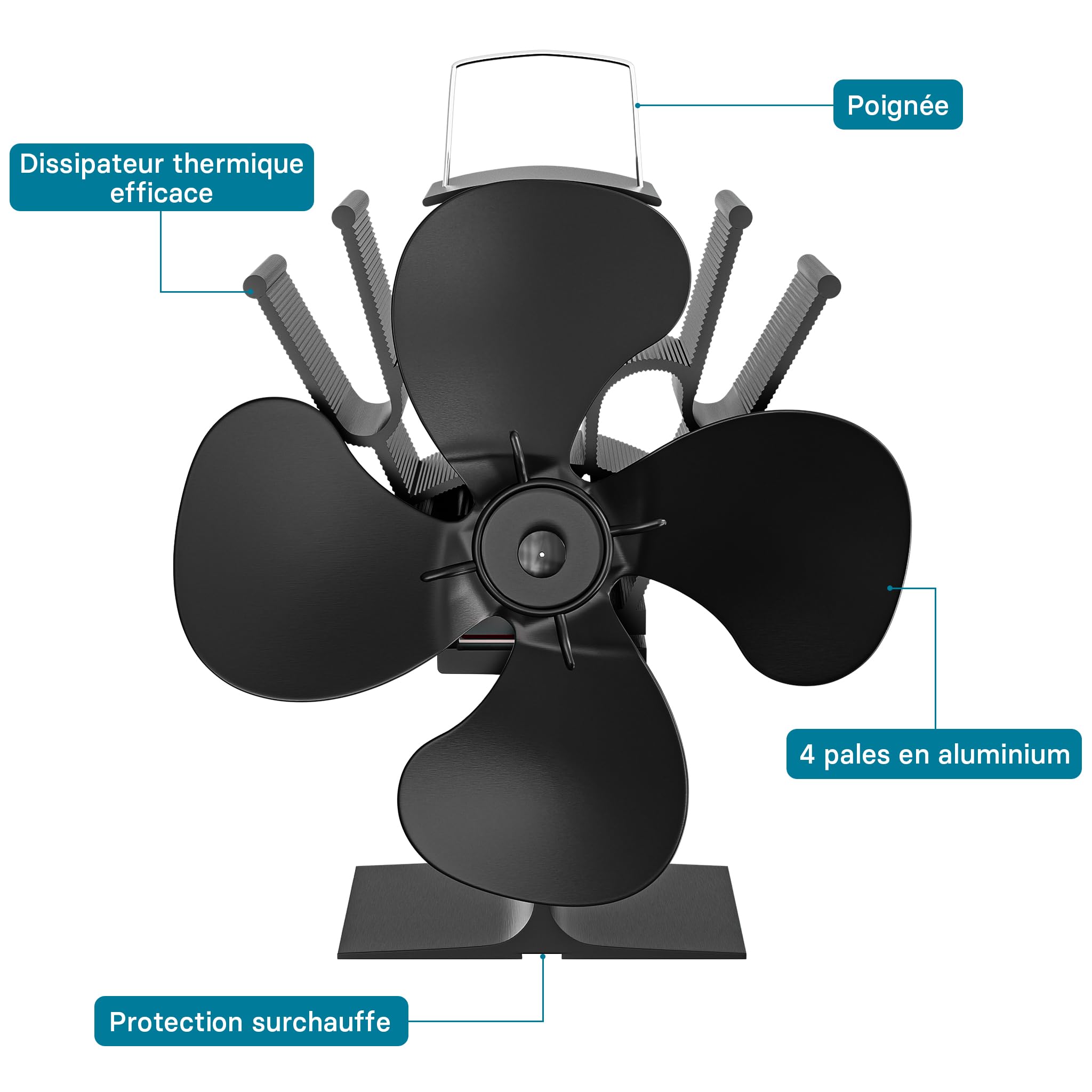 WilTec Ventilateur de poêle à bois – 4 Hélices – 1100 tr/min – 70-350 °C – Autoalimentation thermique par Chaleur Sans courant – Distribution homogène de chaleur de cheminée