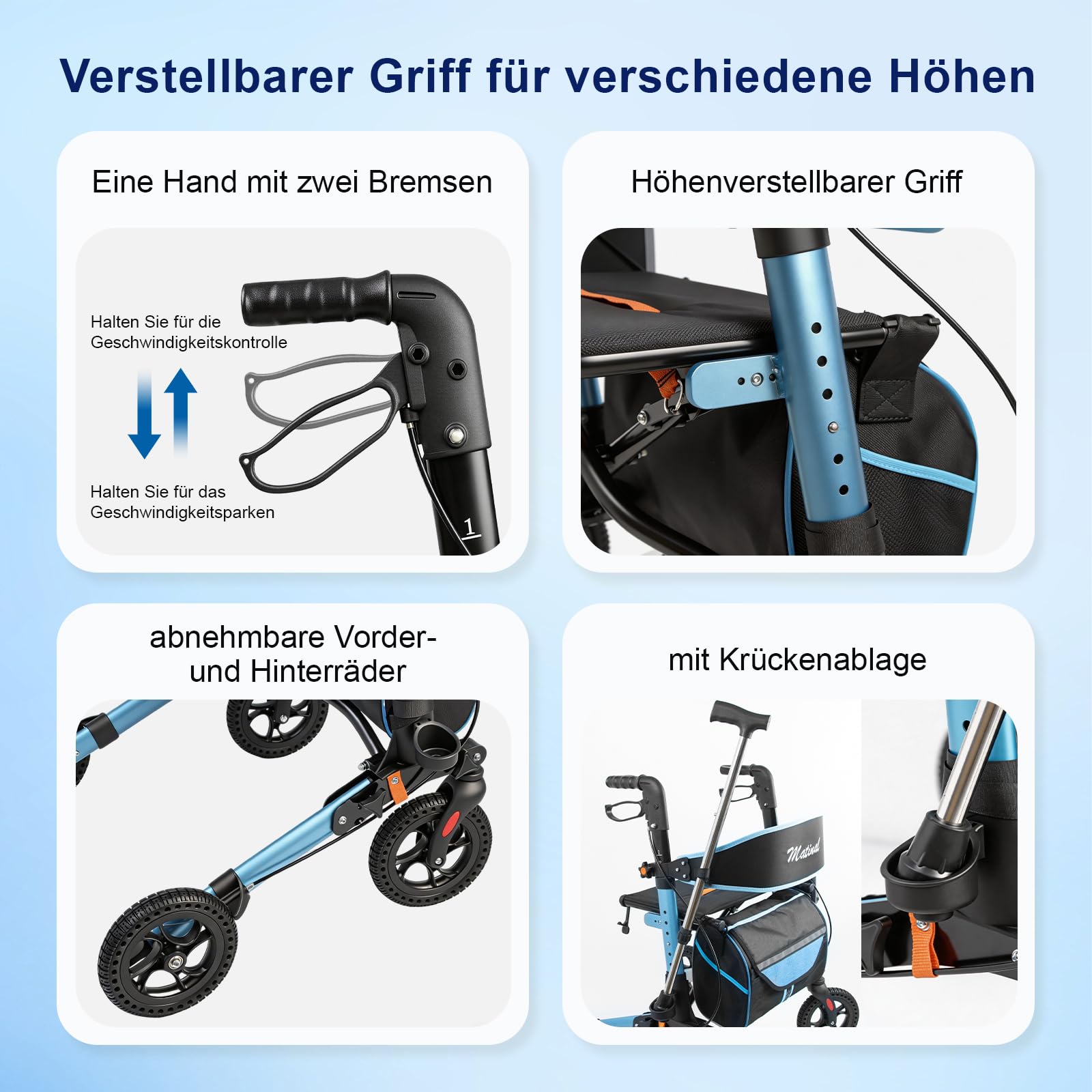 Rollator Faltbar mit Sitz für Senioren, Leichter Rollatoren, Blau | Faltbarer All-Terrain-Rollator mit Sitz für Indoor-& Outdoor, Leichtgewicht Aluminium mit 20 cm Gummirädern