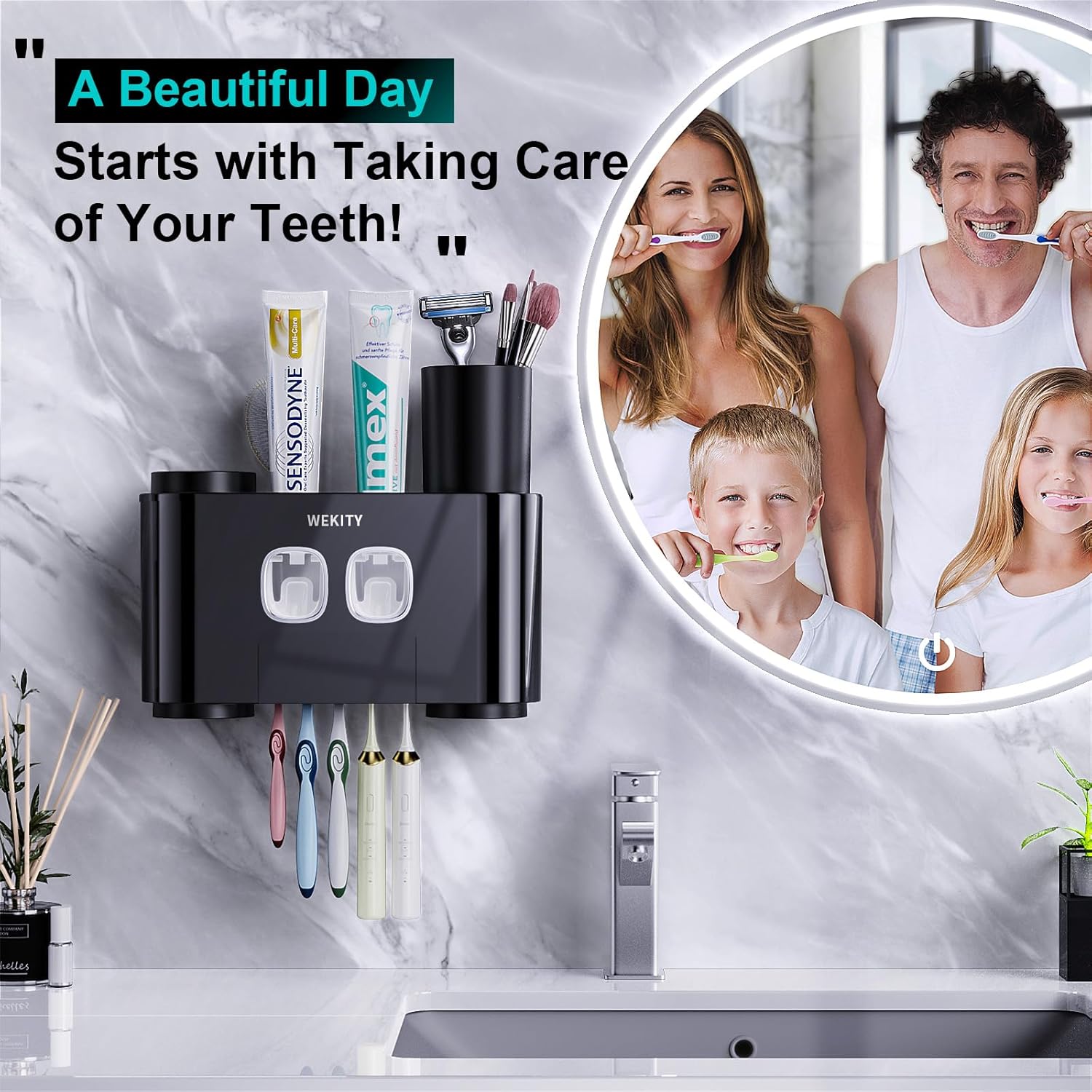 Toothbrush Holder,Multi-Functional Wall Mounted Toothbrush Holder,Toothpaste Dispenser for Bathroom with 2 Toothpaste Squeezers,5 Toothbrush Slots and 4 Cups(Black) - Image 2