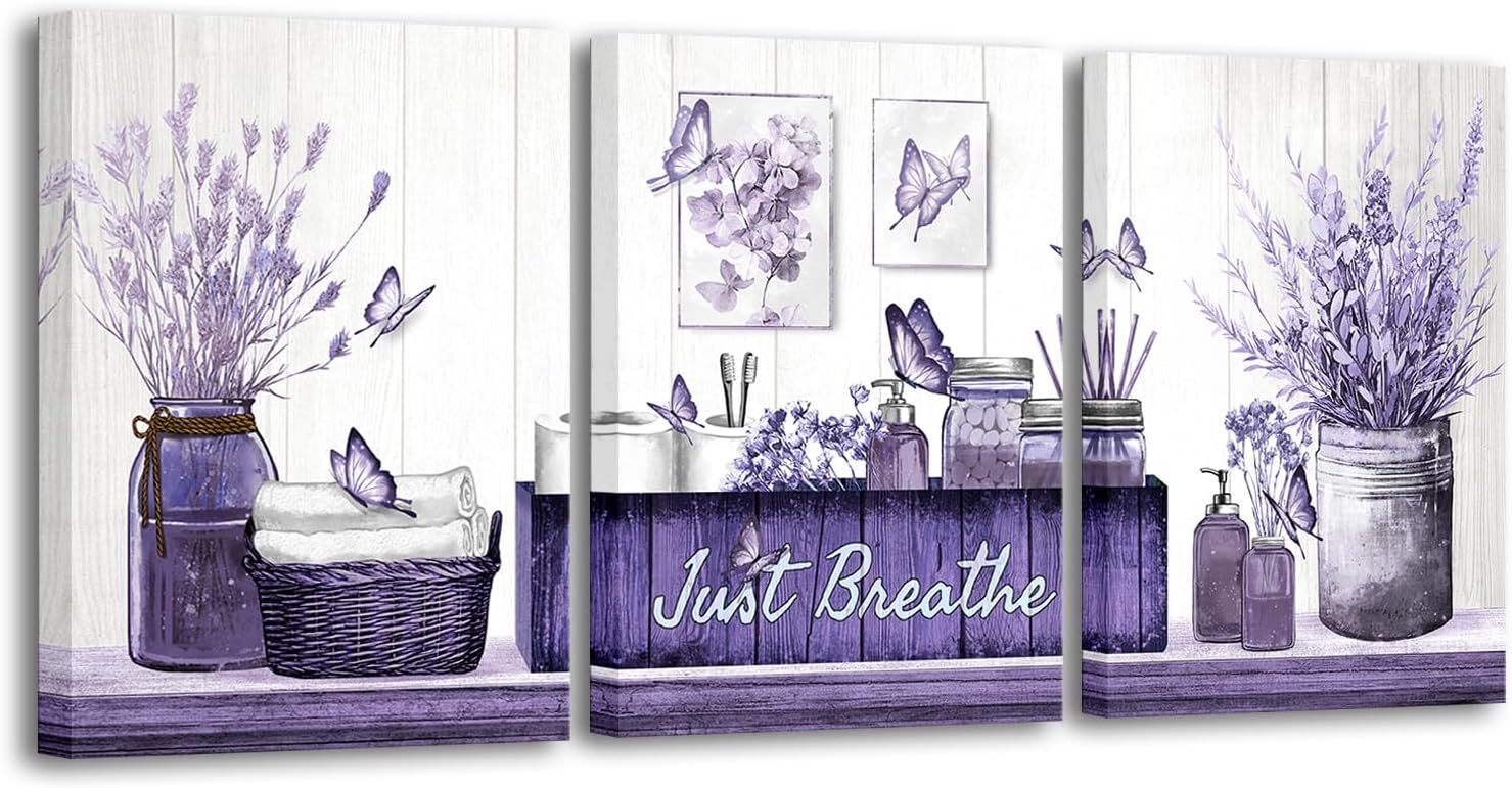 RnnJoile Purple Bathroom Decor Botanical Butterflies Wall Art Just Breathe Sign Canvas Painting for Home Bathroom Decorations 12"x16" Each