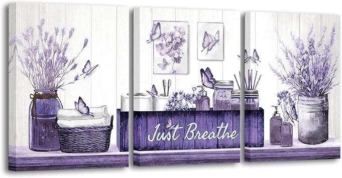 RnnJoile Purple Bathroom Decor Botanical Butterflies Wall Art Just Breathe Sign Canvas Painting for Home Bathroom Decorations 12"x16" Each