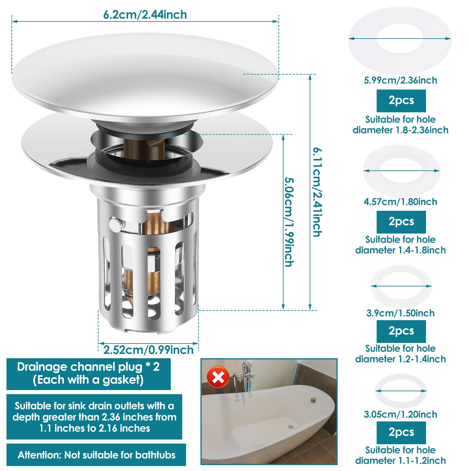 Lot de 2 Bondes de Lavabo Pop Up pour 28-55mm, Bouchon de Lavabo avec Filtre, Bouchon Evier Salle de Bain en INOX