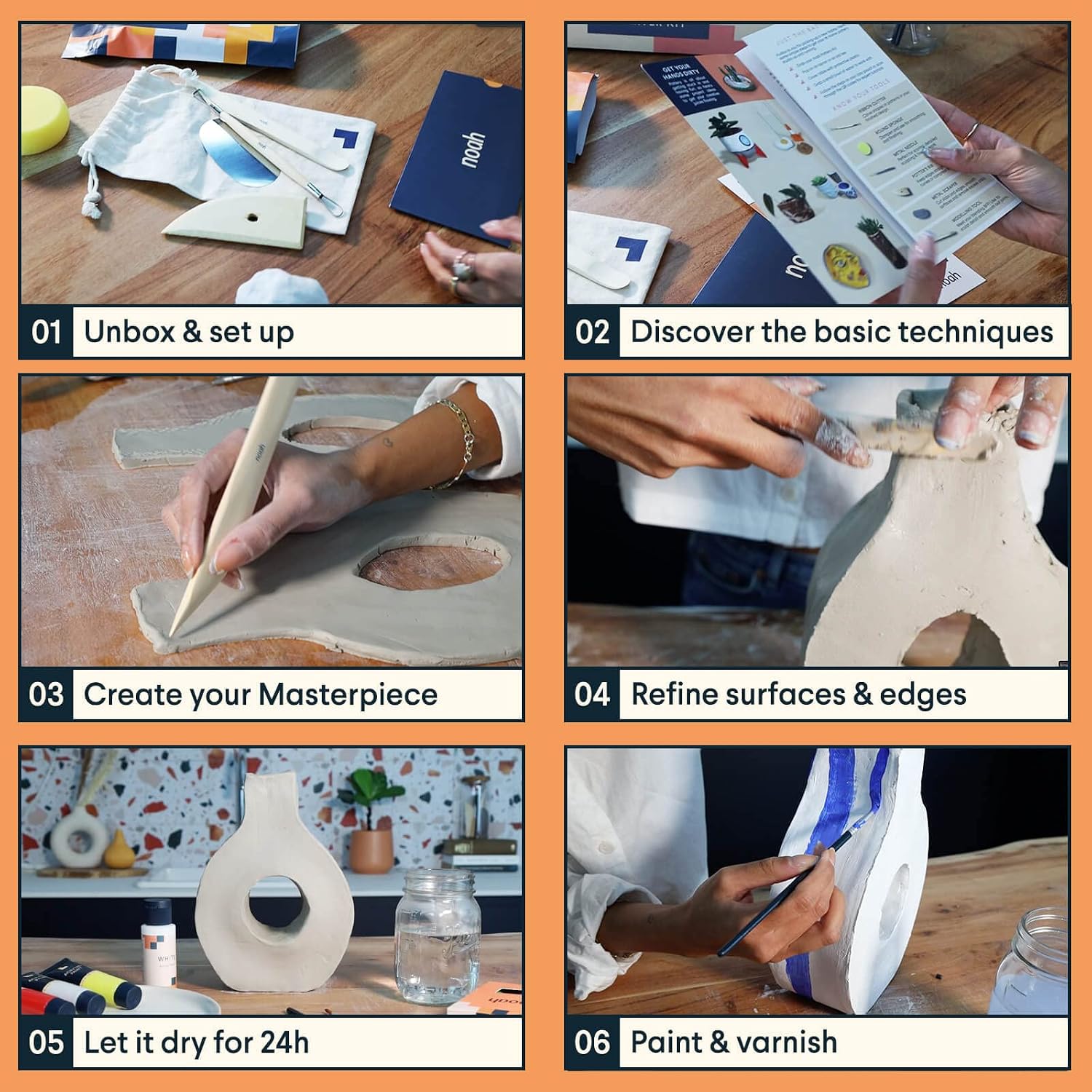 noah Pottery Kit for Beginners - Set Includes Air Dry Clay, Clay Tools and Acrylic Paints - Crafts for Adults (White Clay/Primary Paint)